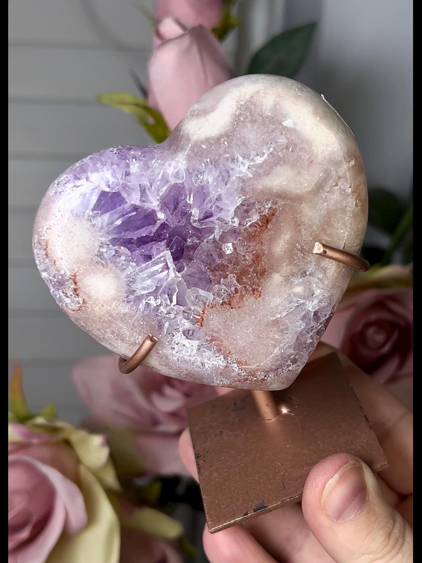 High grade, pink amethyst heart with purple quartz on stand (can be displayed with either side showing) 209g
