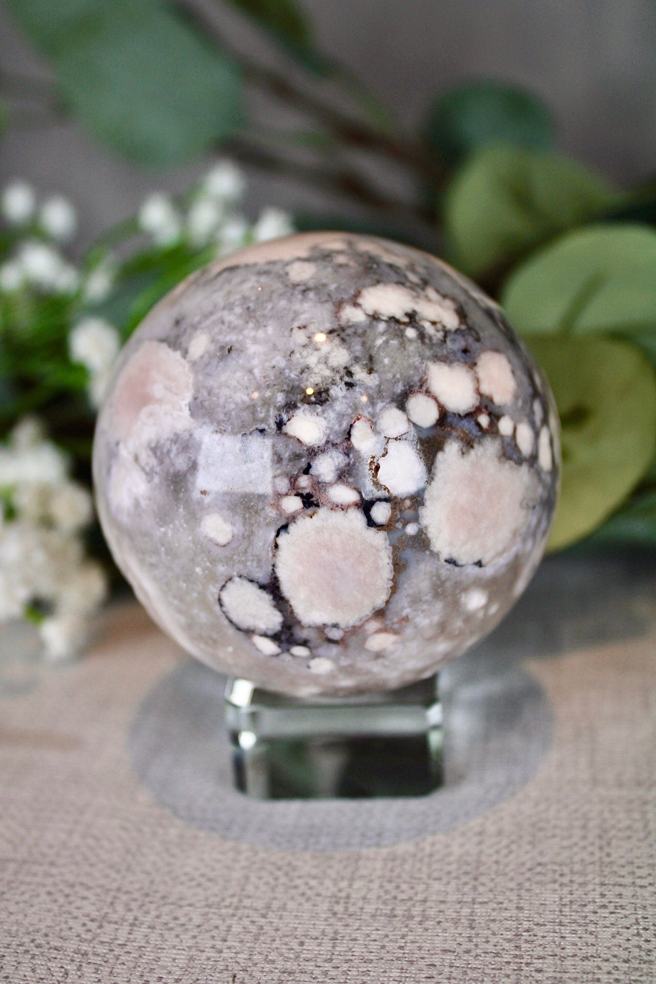 Blue flower agate x chlorite quartz sphere 495g 7cm