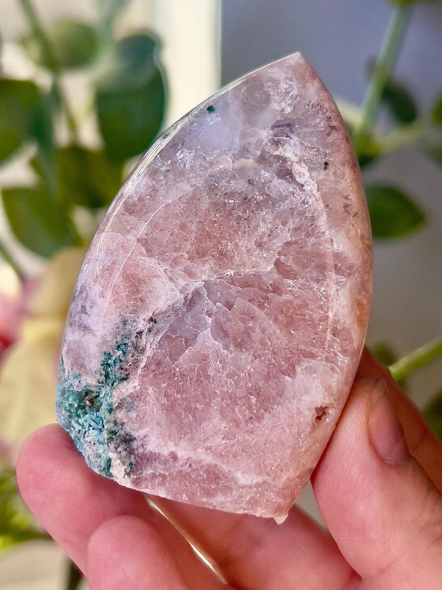 High grade, pink amethyst flame with green jasper