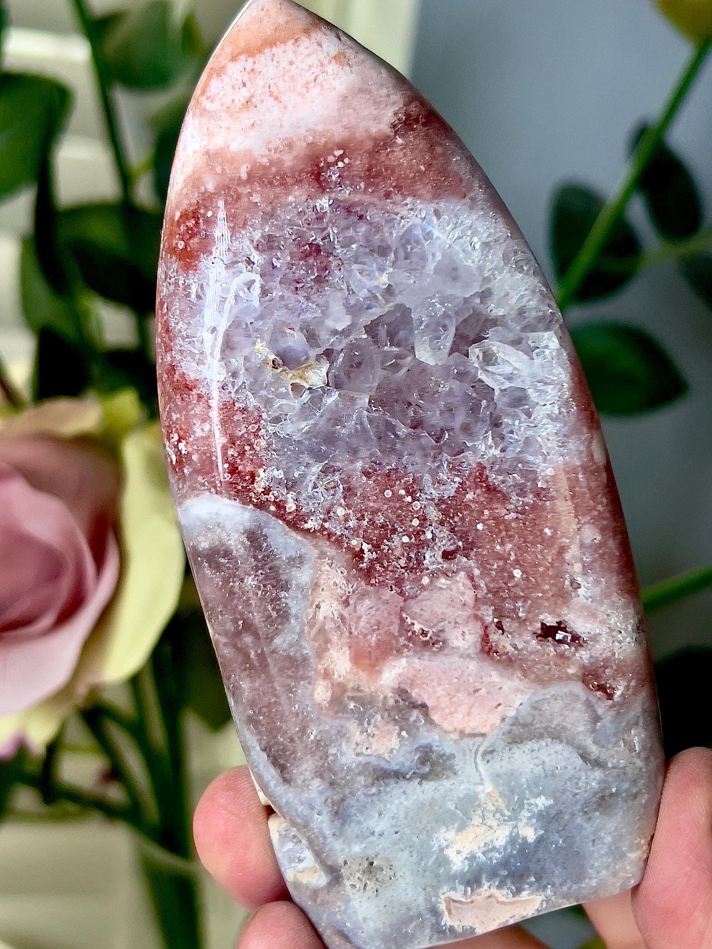 High grade, pink amethyst flame with a red & blue tone and purple quartz druzy