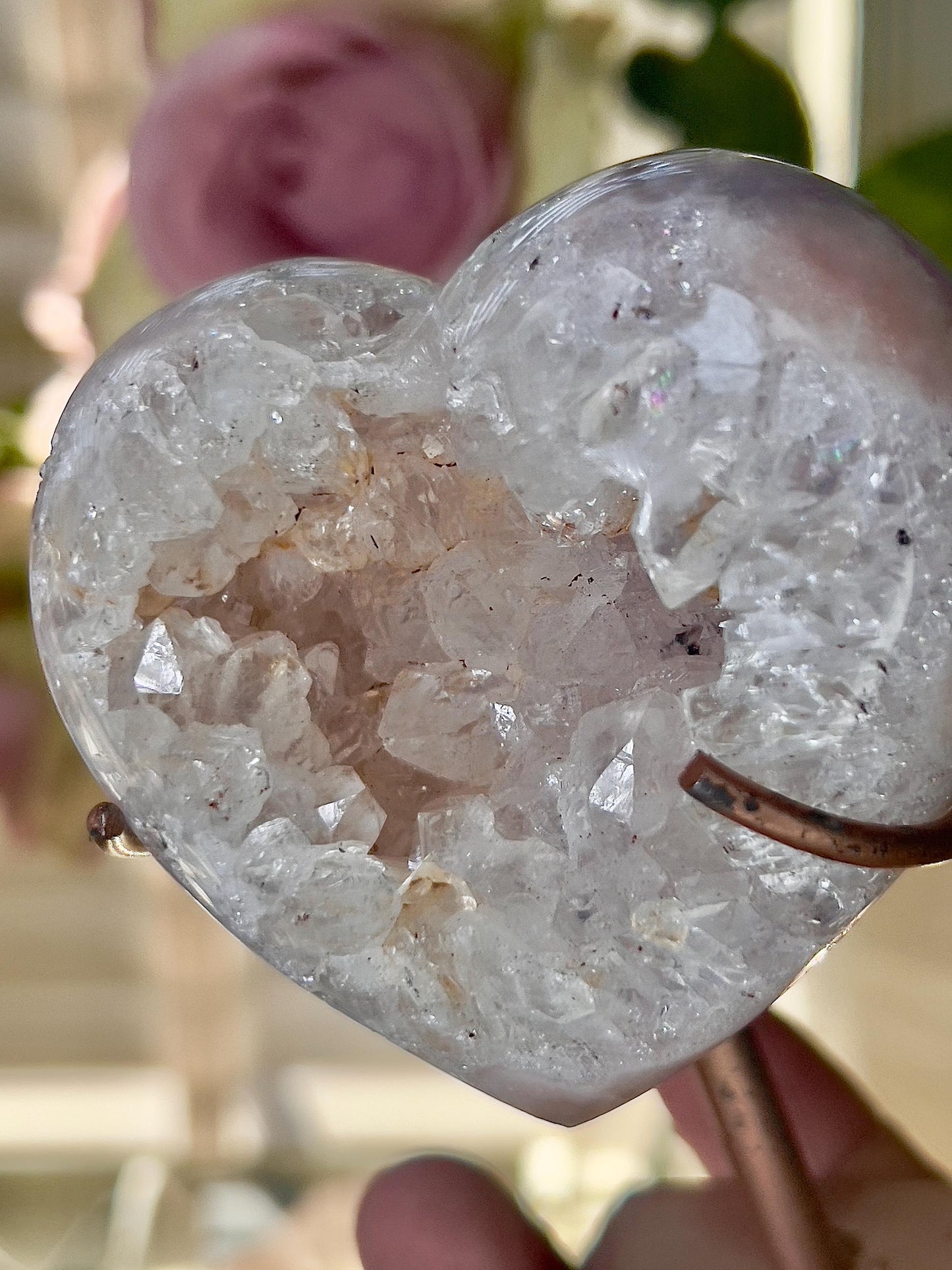 Pink amethyst & quartz heart on custom stand - which has scratches (discount added) can easily be repainted