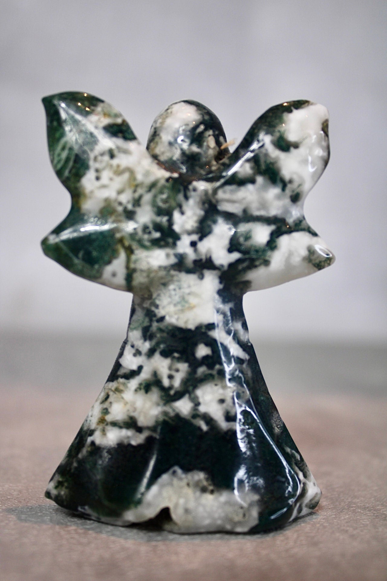 Moss agate, fairy, carving 8cm (h)
