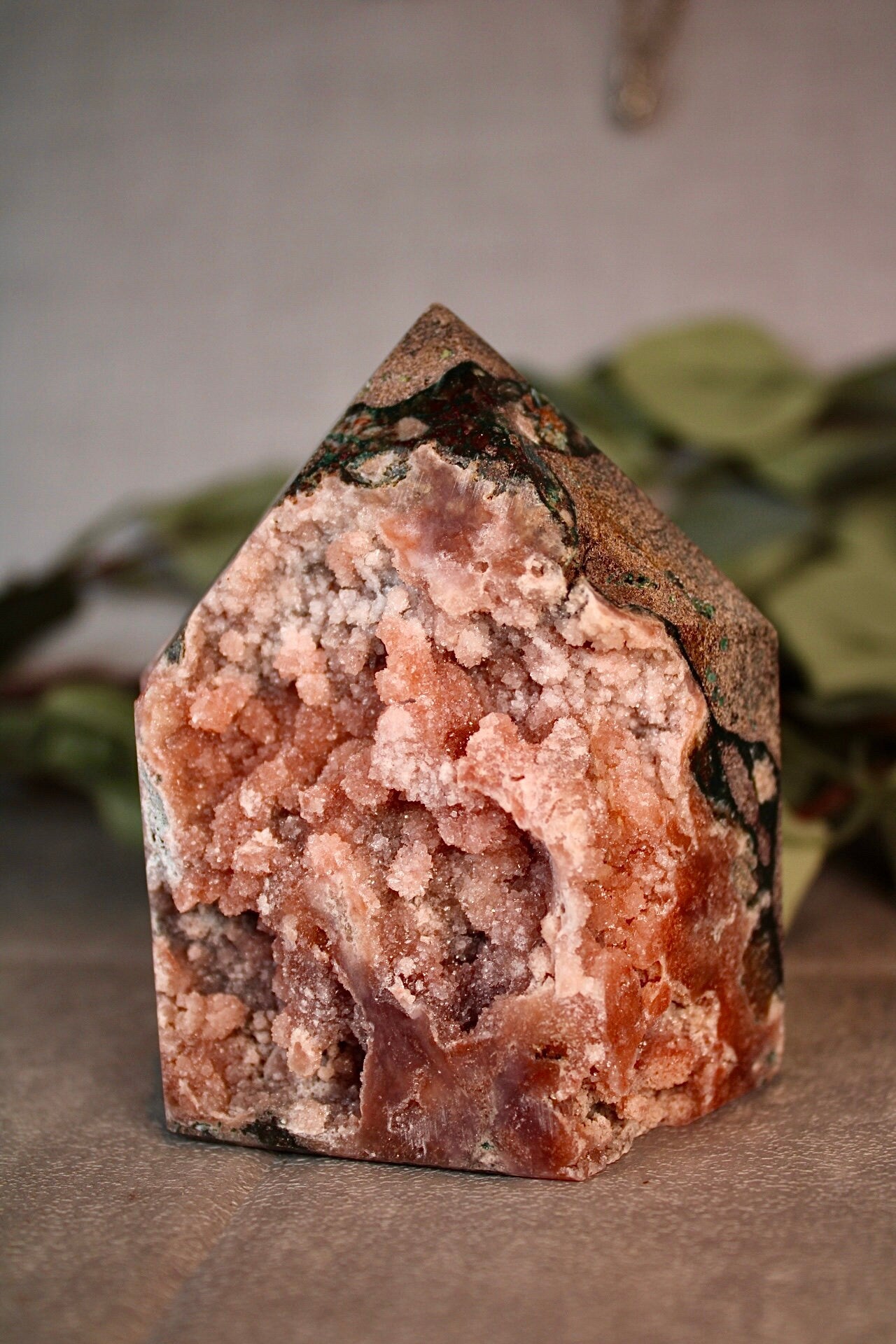 High grade Pink amethyst tower with peach toned sugar druzy - 500g 10cm high