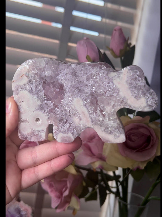High grade, pink amethyst bear carving with lavender quartz druzy
