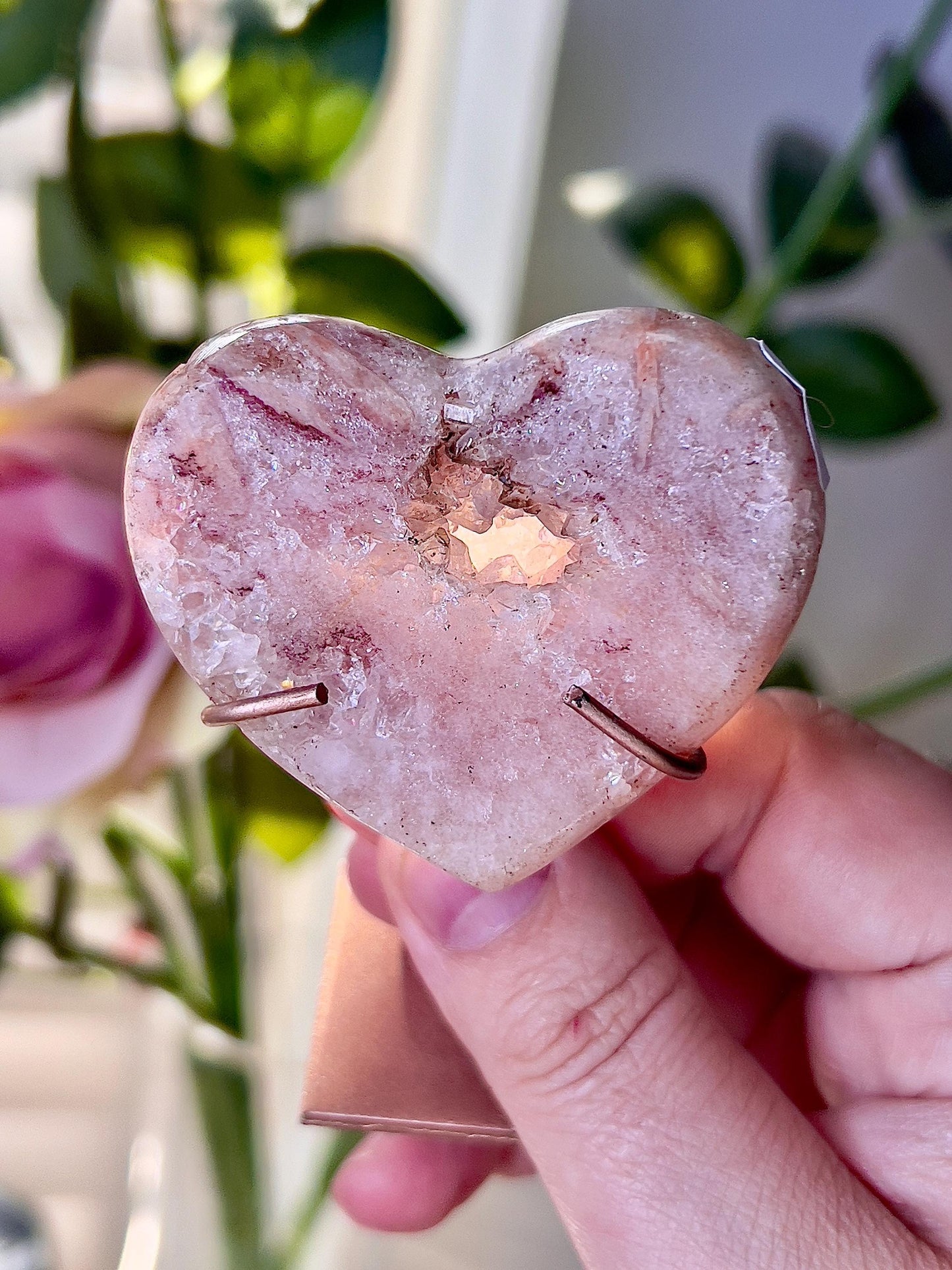 Mini, high grade, pink amethyst haert with rutile markings on custom stand