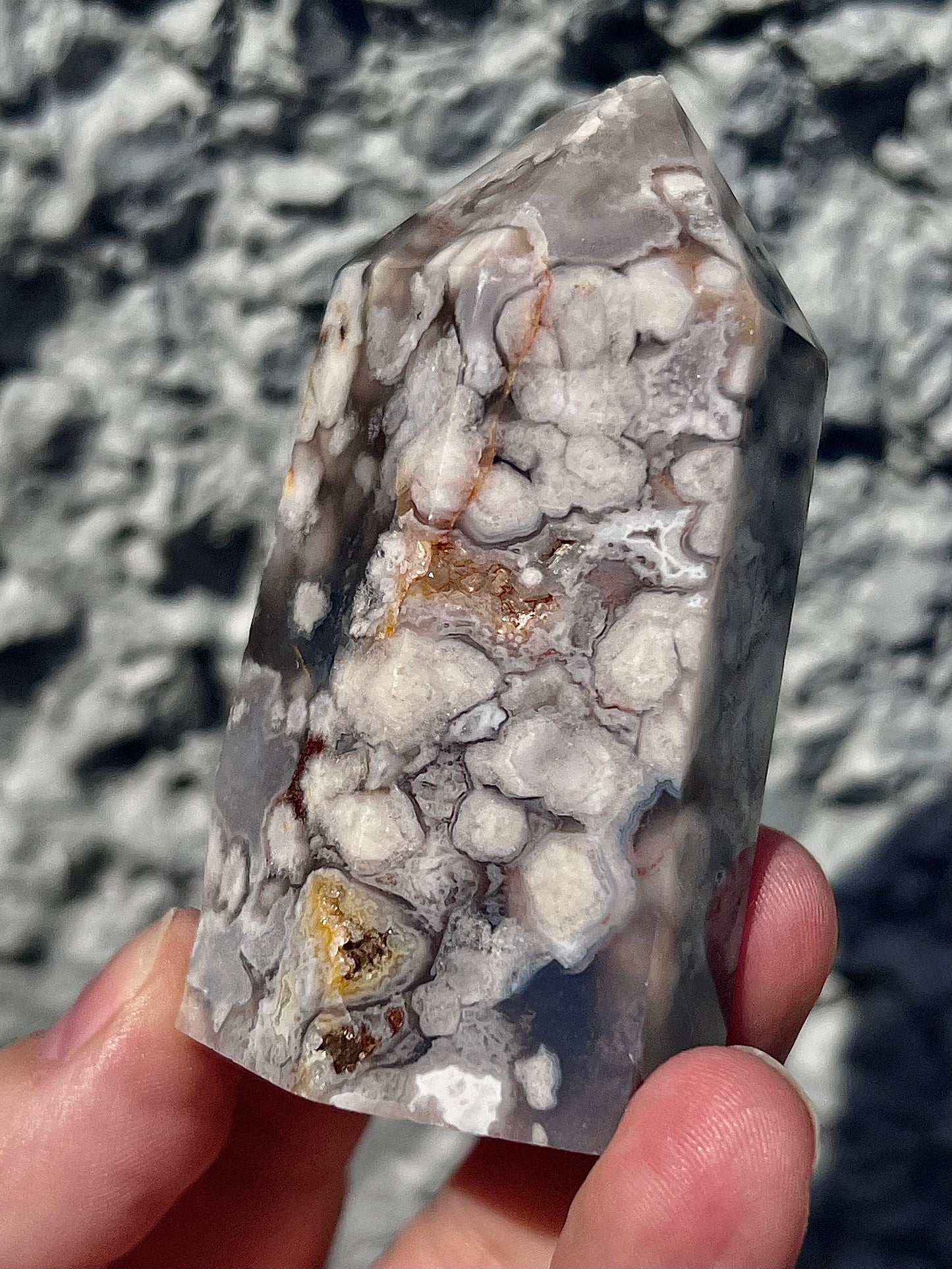 Black & pink flower agate tower - half price due to damaged tip