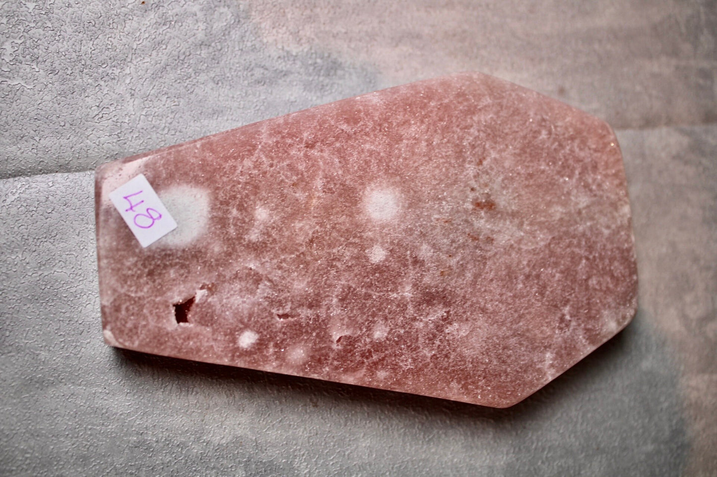 Freestanding, peach toned, high quality, pink amethyst, coffin carving 295g 12.5cm(H) 8cm(W)