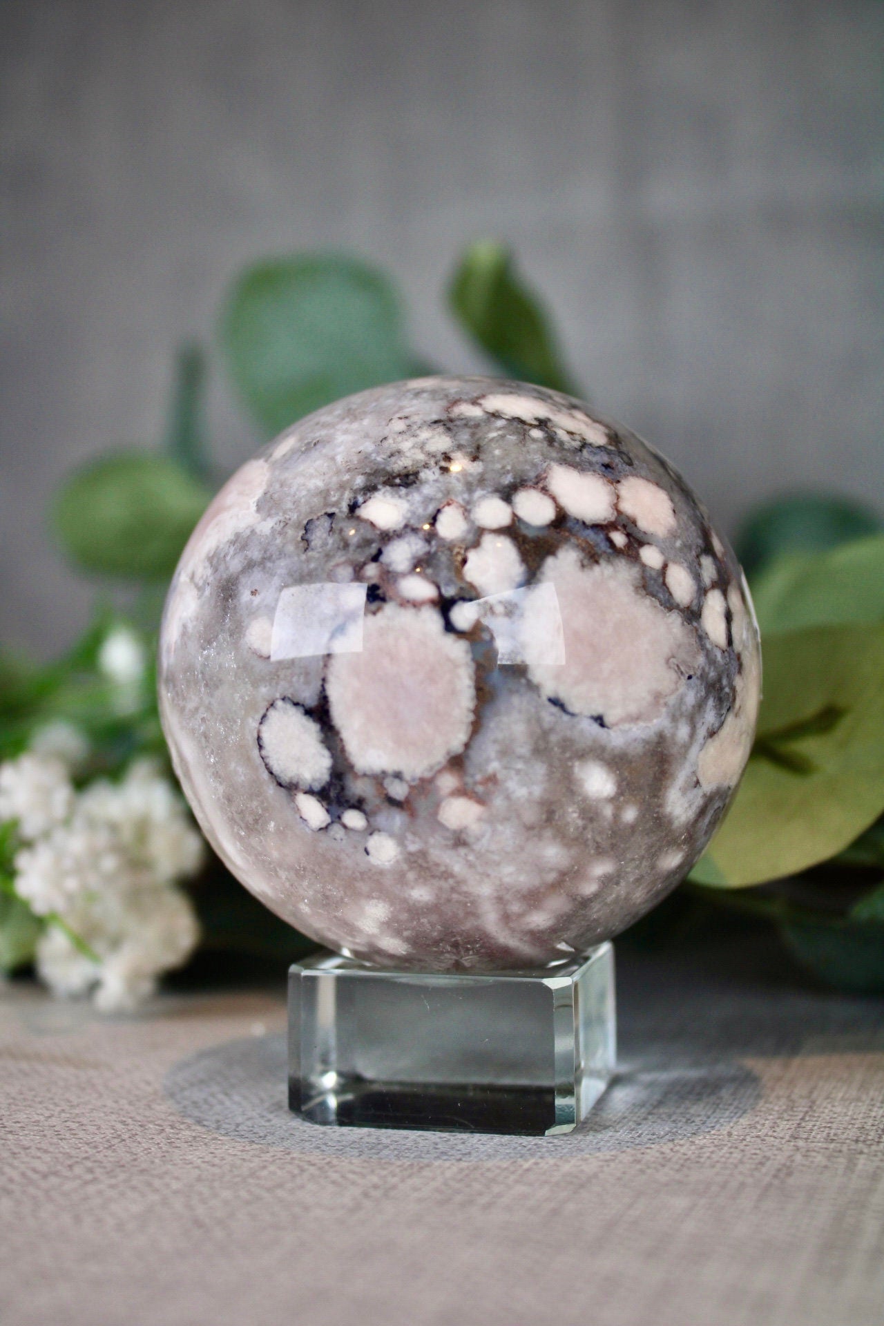 Blue flower agate x chlorite quartz sphere 495g 7cm