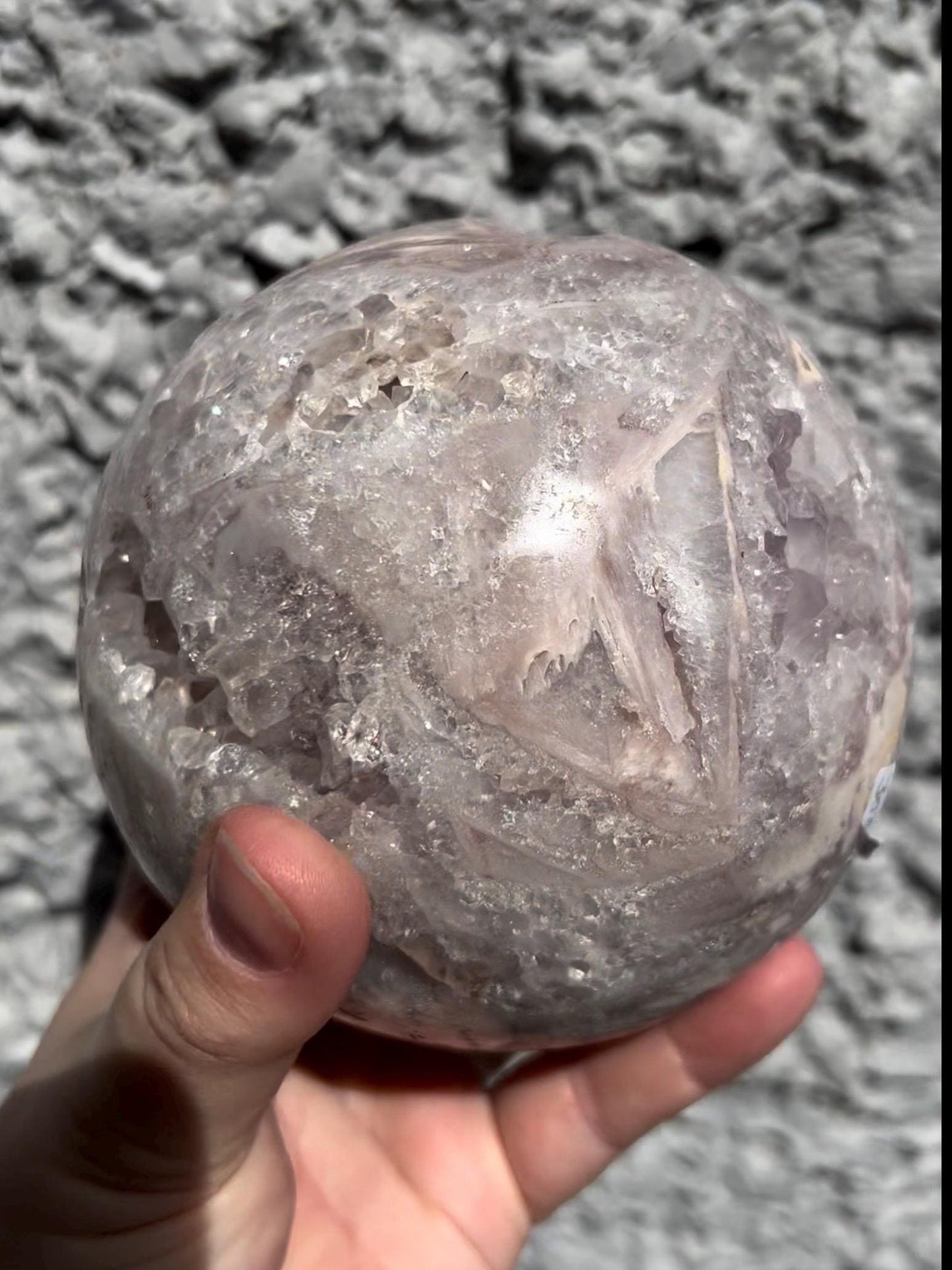 large, statement pink amethyst sphere with rutile formations in lilac tones over 1kg