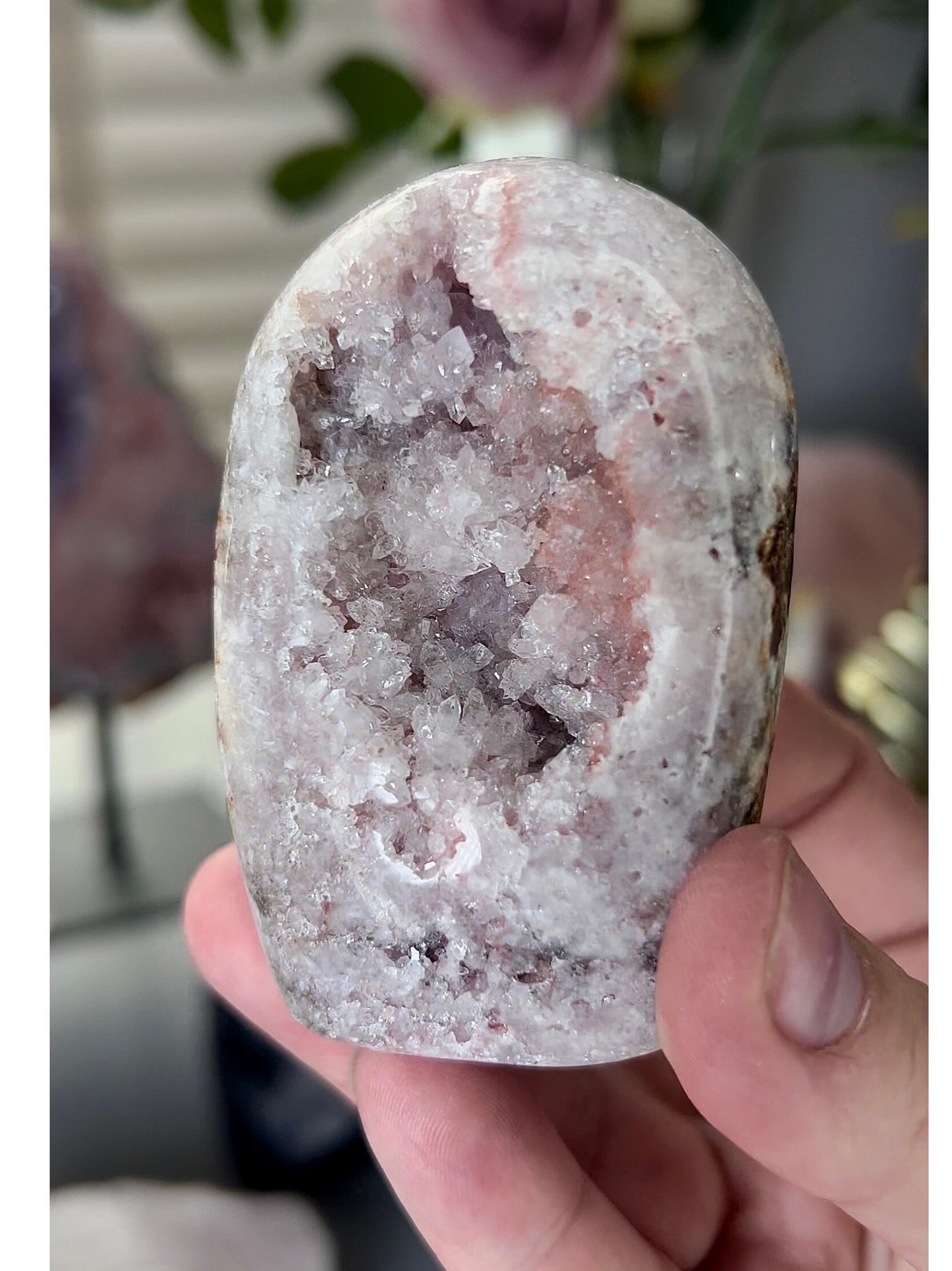 pink amethyst freeform with high clarity quartz & sugar druzy