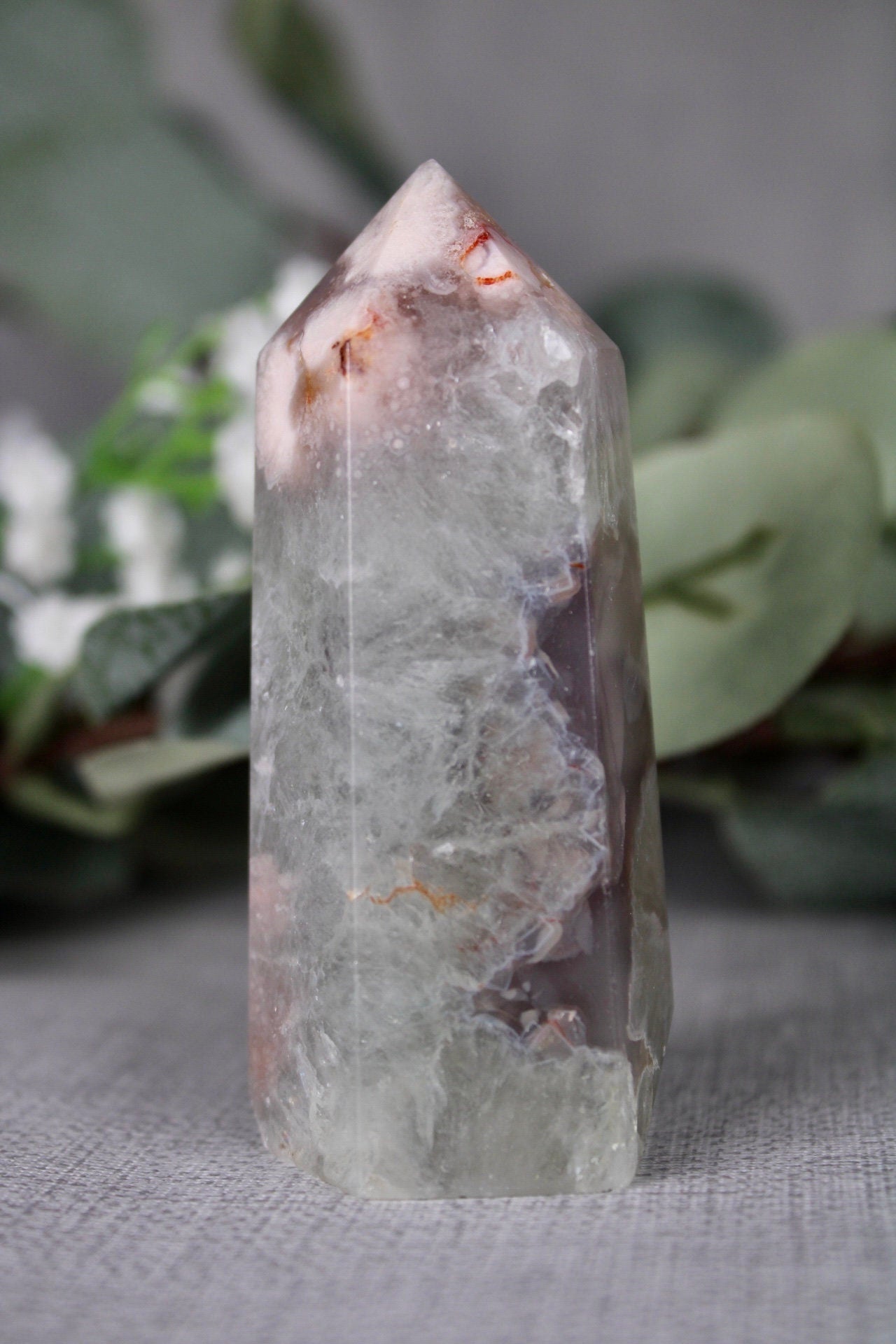 Chlorite flower agate, 6 sided, polished tower 145g 8cm