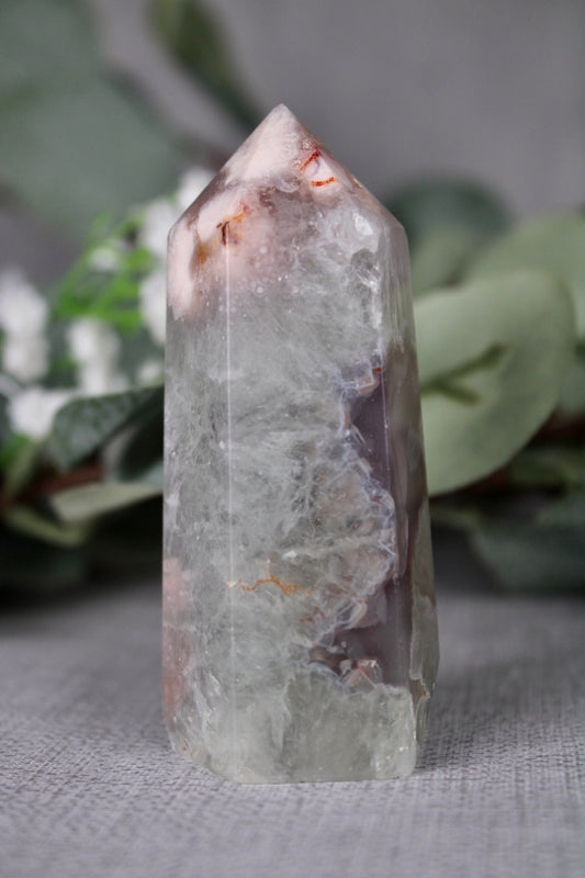 Chlorite flower agate, 6 sided, polished tower 145g 8cm