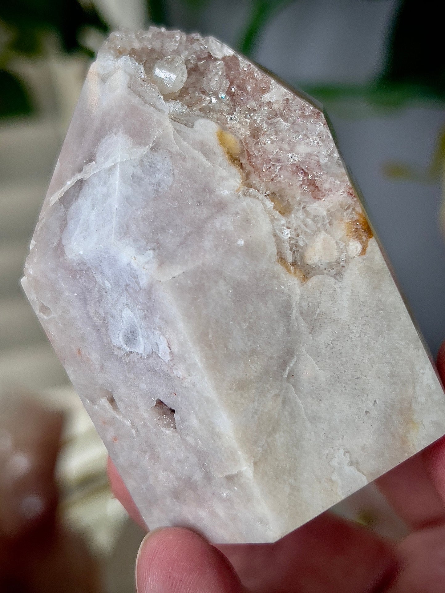 Stunning pink amethyst, tower with orange lining and high clarity quartz druzy
