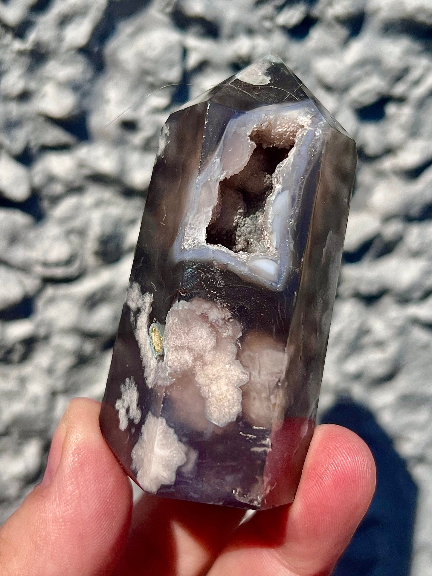 black flower agate tower with druzy cave