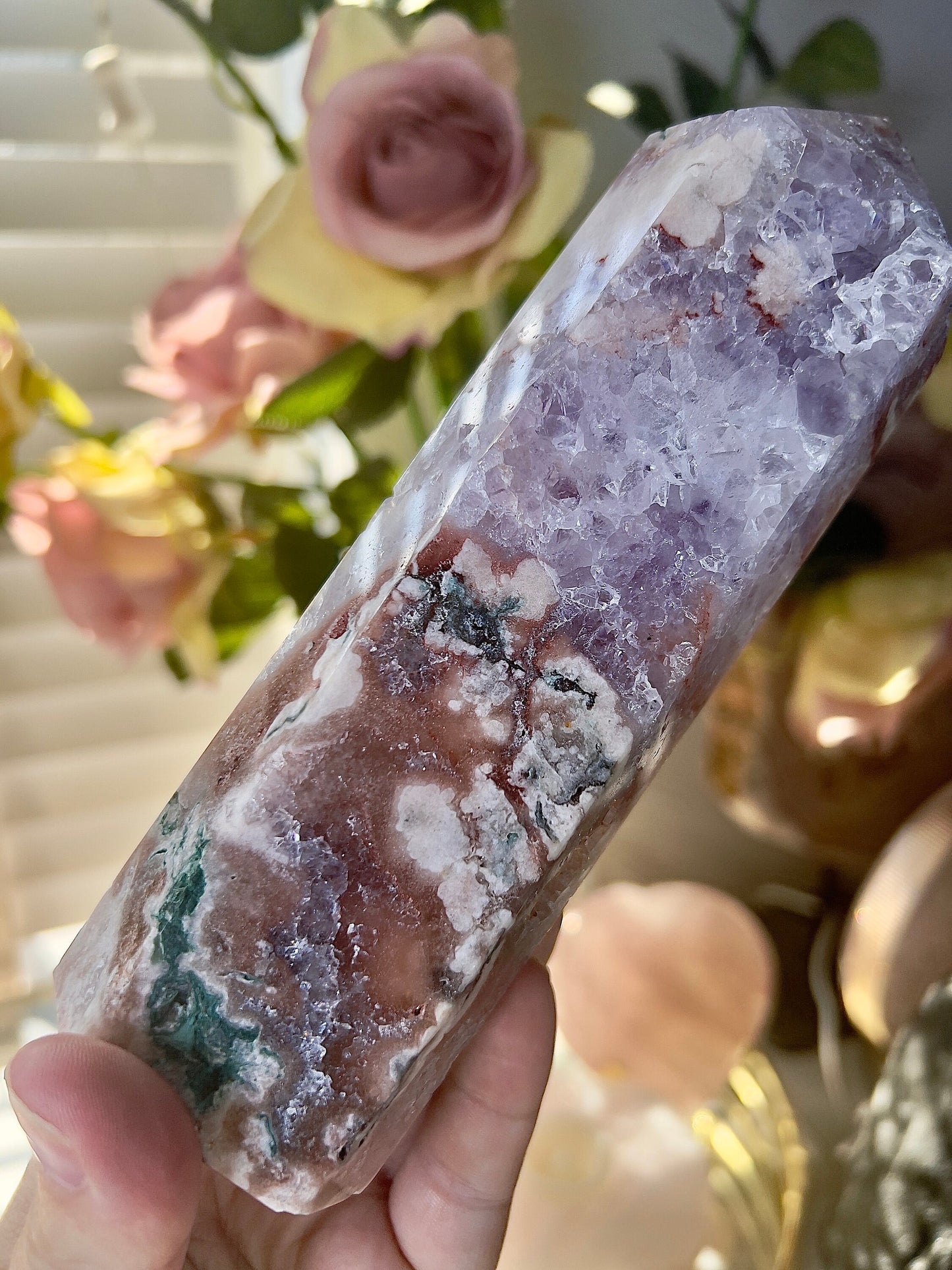 High grade, pink amethyst tower with purple quartz