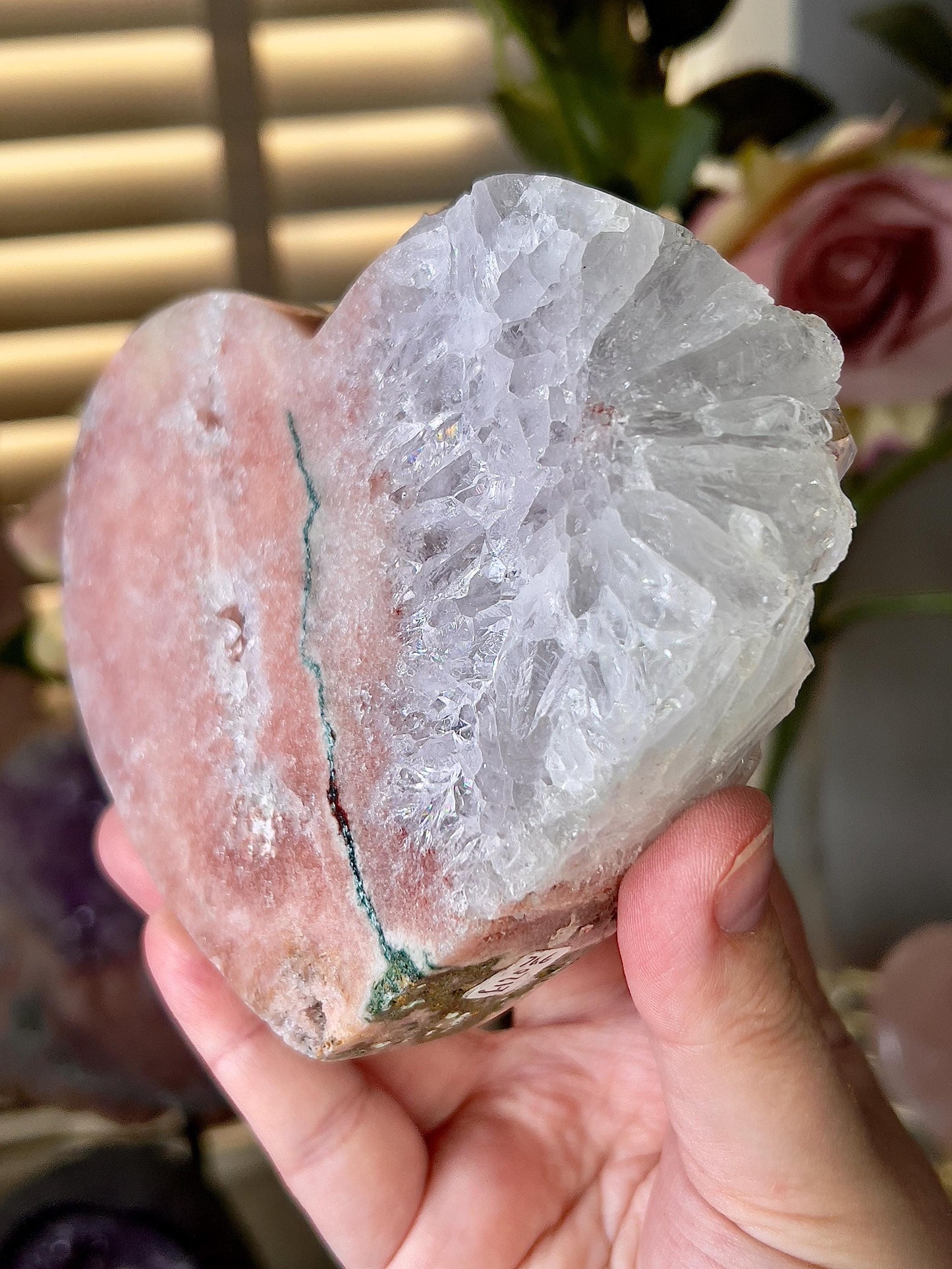 High quality, peach toned, pink amethyst heart with incredible quartz full of rainbows & green jasper vein, on gold stand 766g