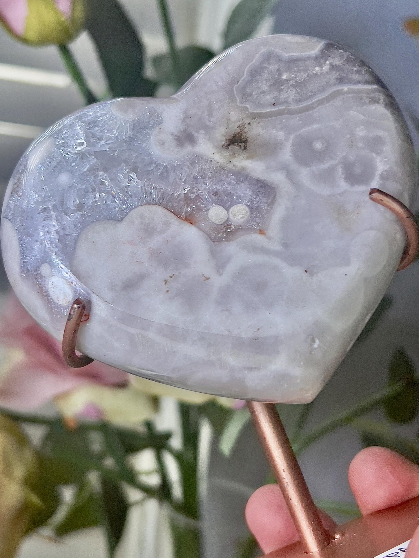 Pink amethyst heart on stand - it is scratched but can be repainted easily (discount already applied)