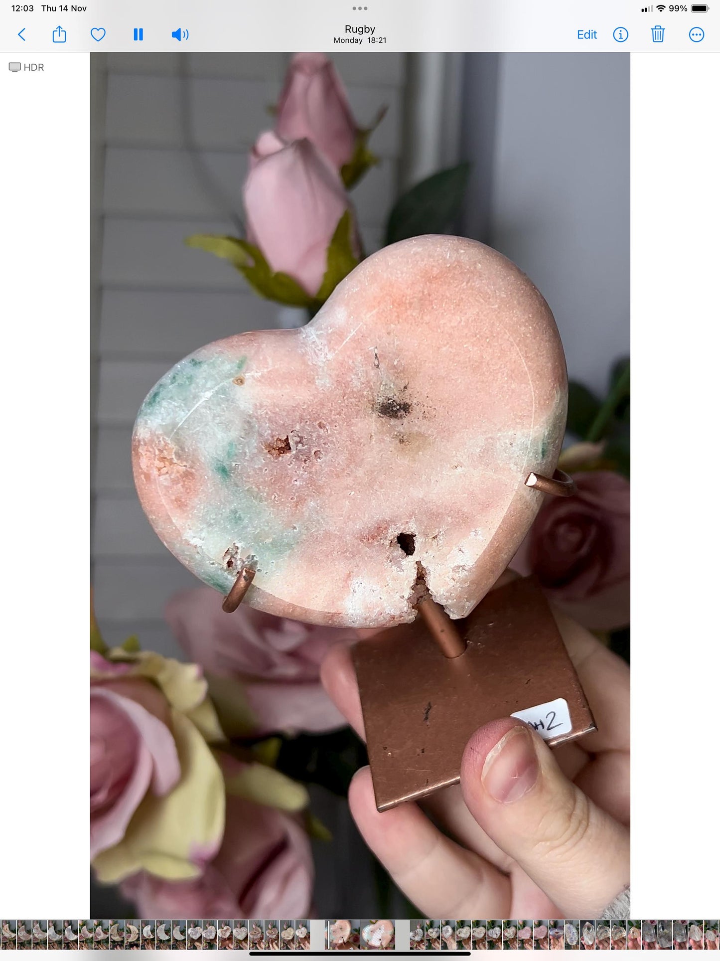 Beautiful, pink amethyst heart in peach tones with stand which has some scratches (discount added)