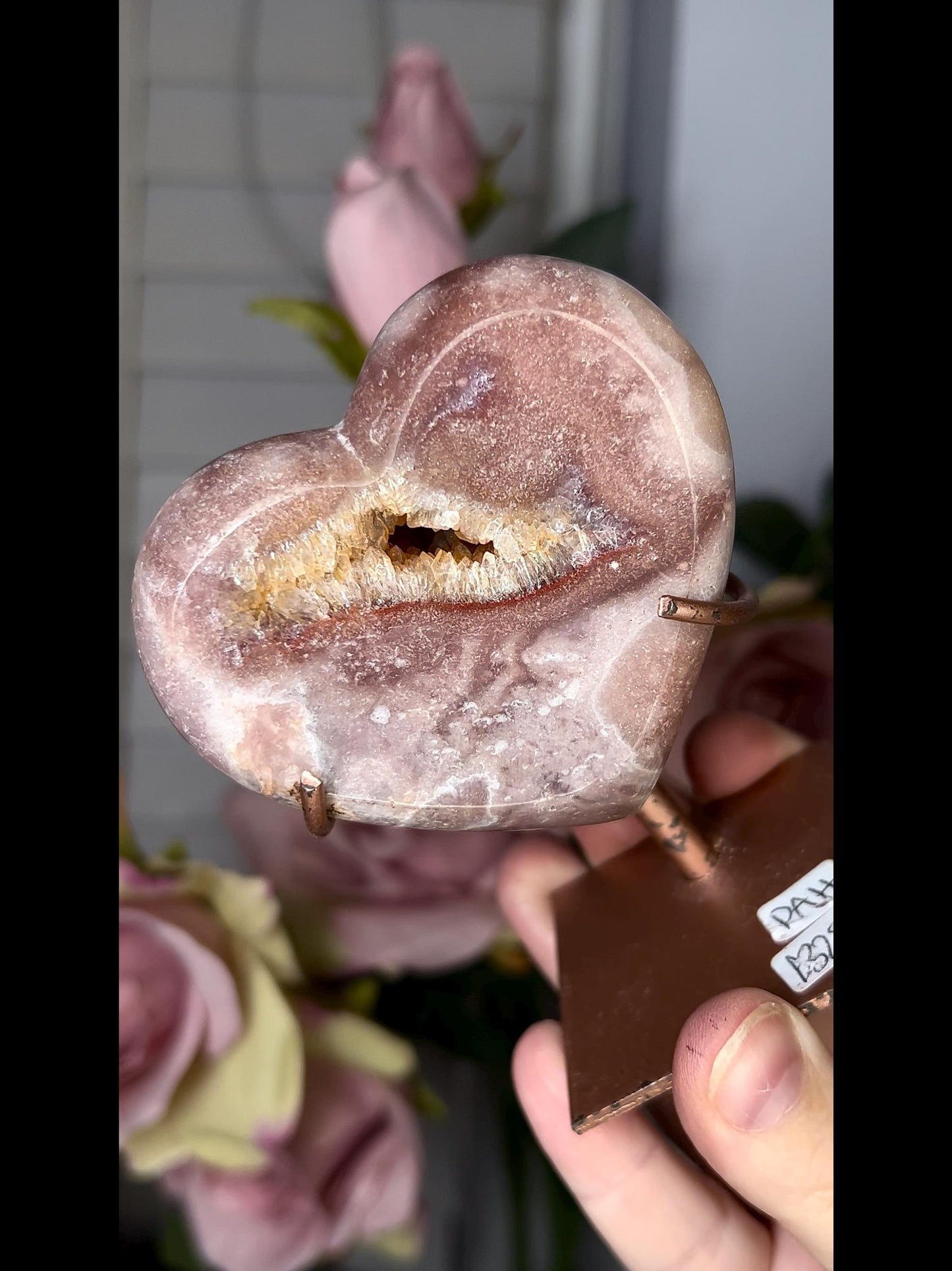 pink amethyst heart in deep pink tones and quartz druzy with red hematite lining, comes with stand that is scratched (discount added)