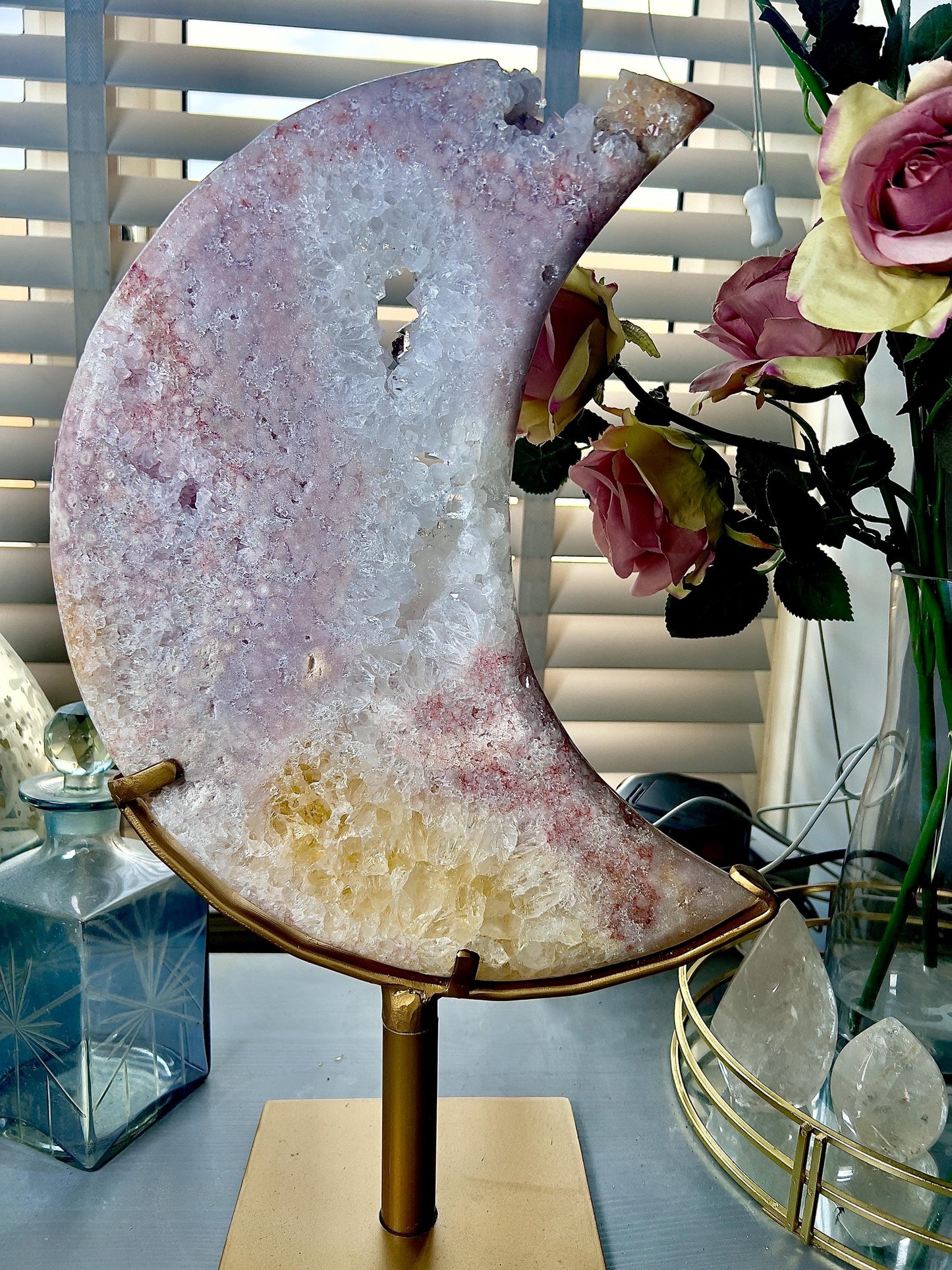 Incredible huge statement, high quality, Pink amethyst, moon with rainbow quartz & citrine inclusion, on spinning stand