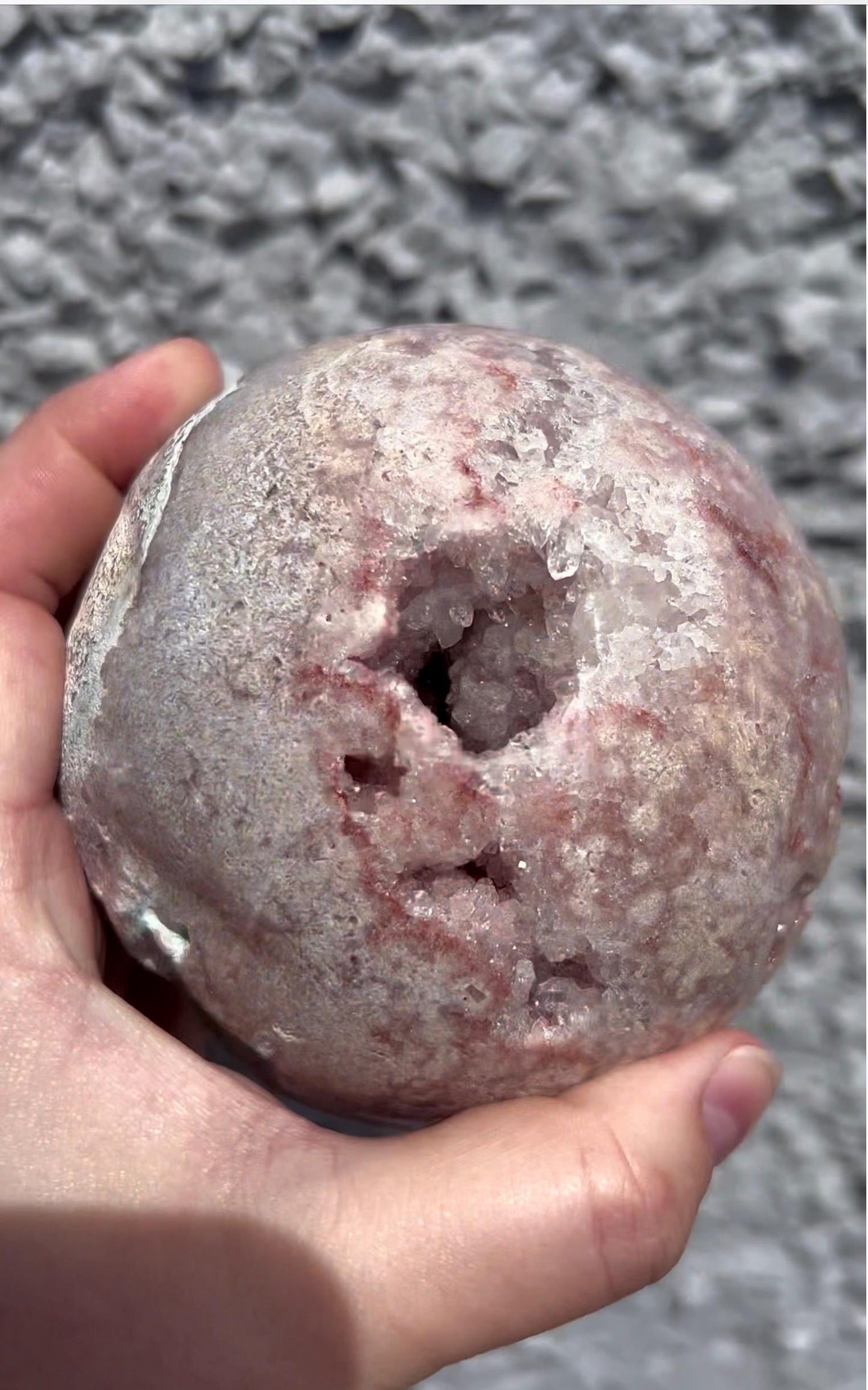 large, statement, pink amethyst sphere with rusty red, bubble sugar druzy 1.205kg