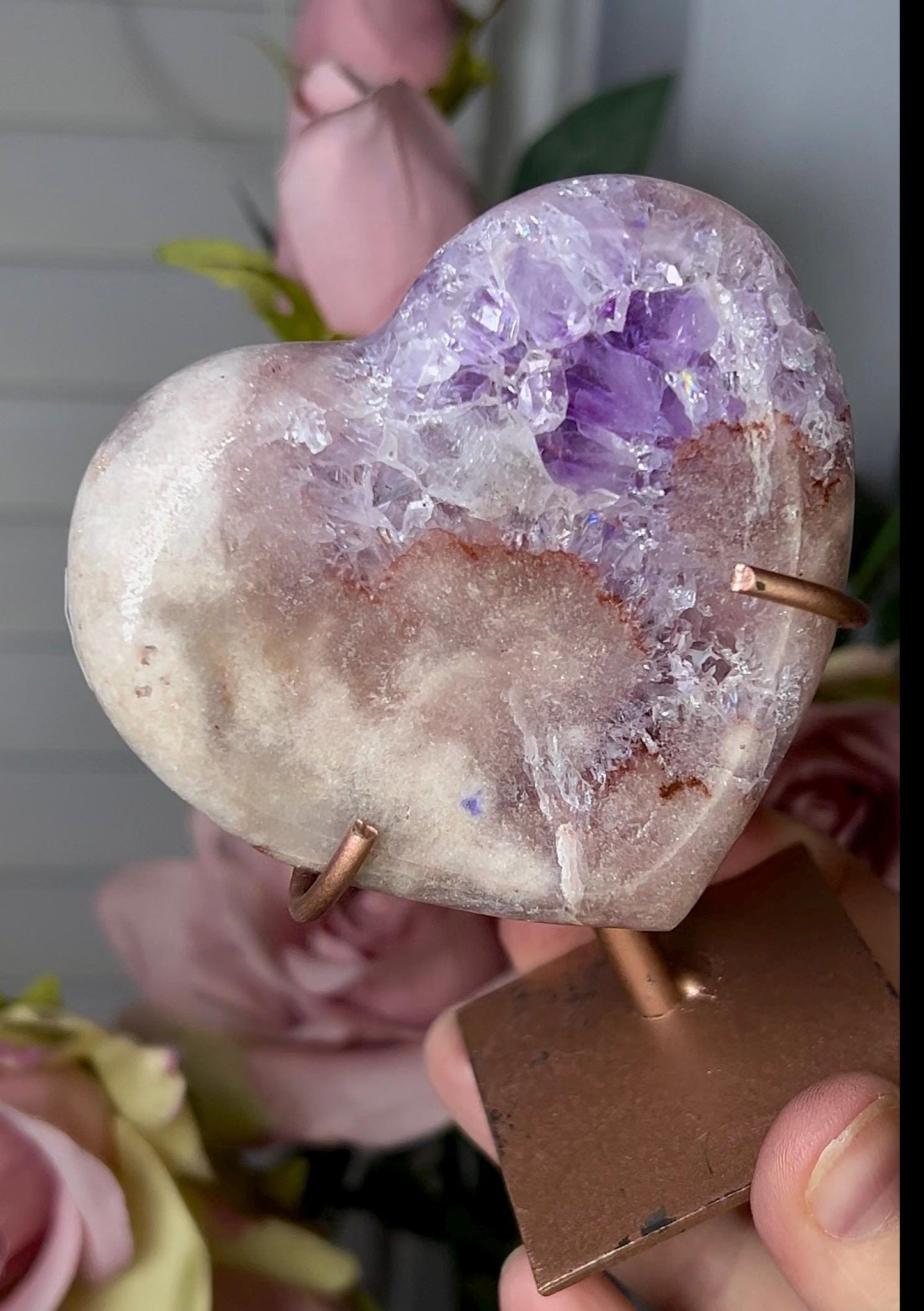 High grade, pink amethyst heart with purple quartz on stand (can be displayed with either side showing) 209g