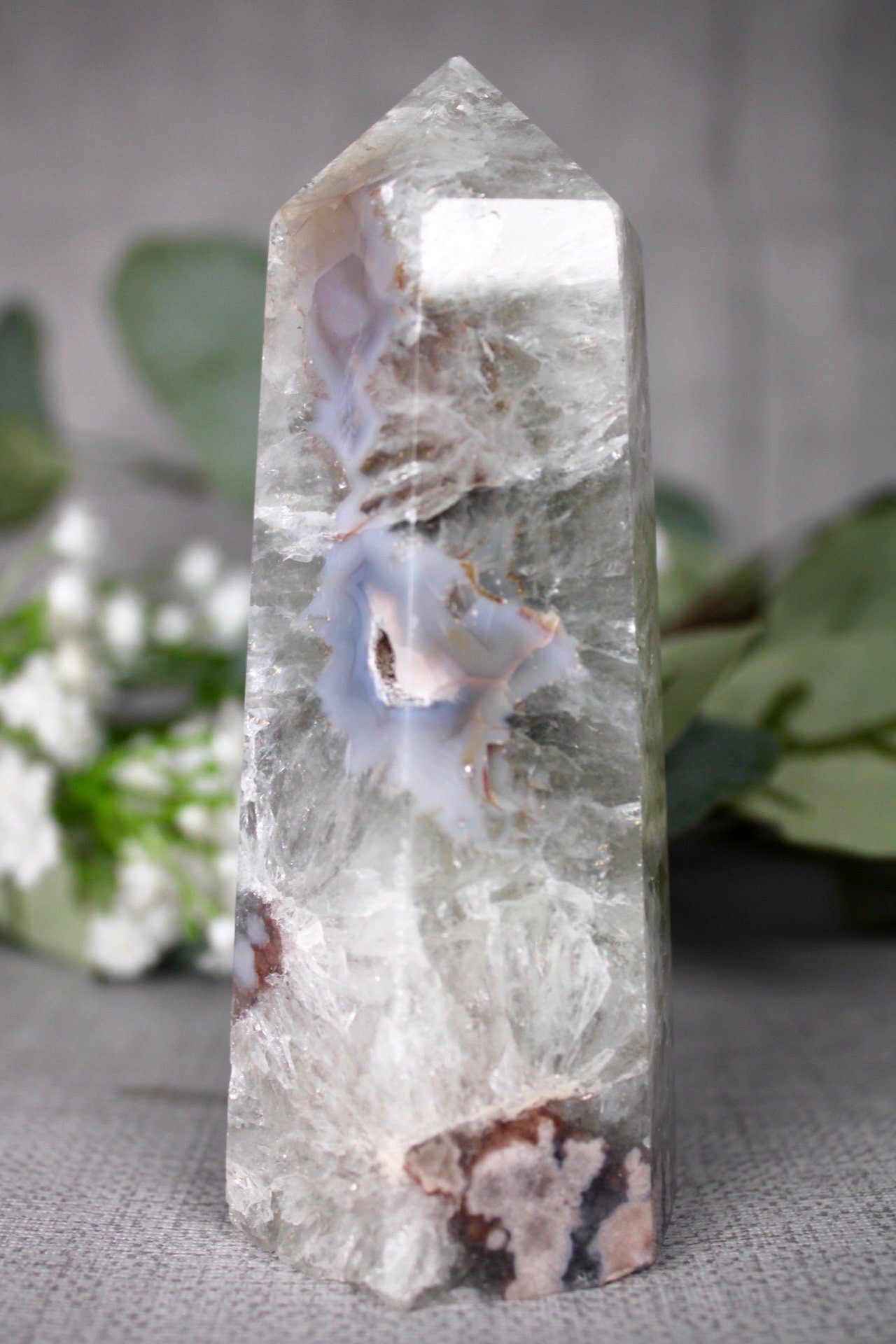 Green, Chlorite quartz, flower agate tower 325g 12cm (H) 4.5cm (W)