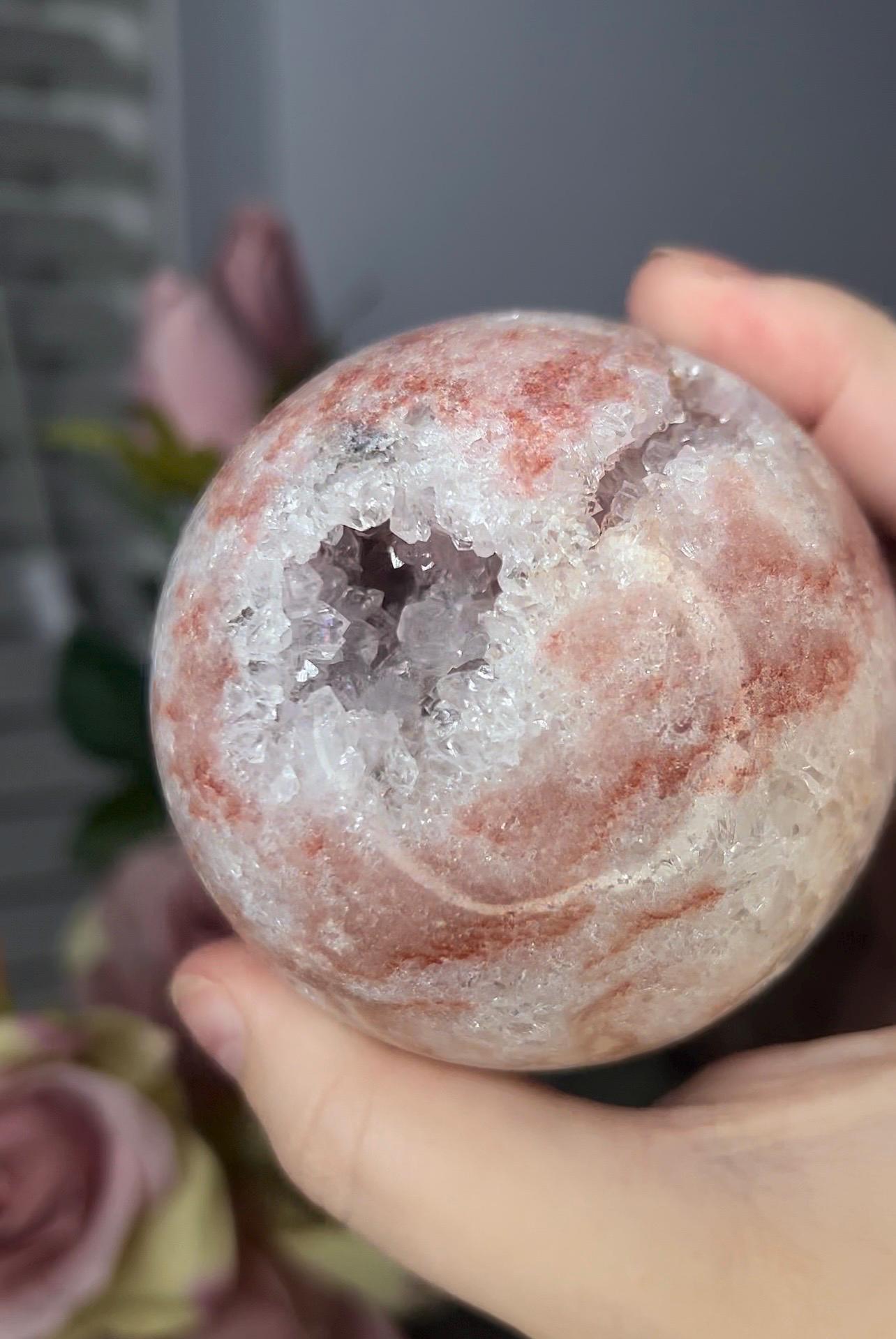 High grade, pink amethyst sphere with quartz 555g