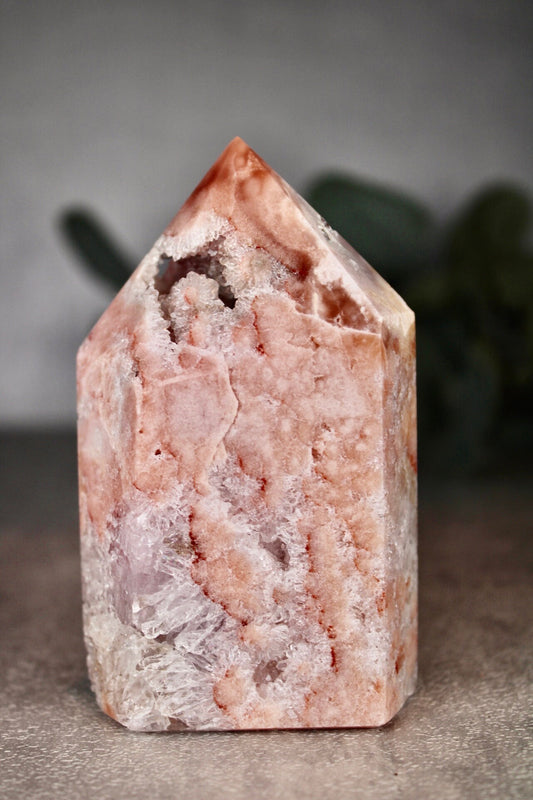 High quality, druzy, peach toned, pink amethyst tower with quartz 360g 10cm(h) 5.5cm(w)