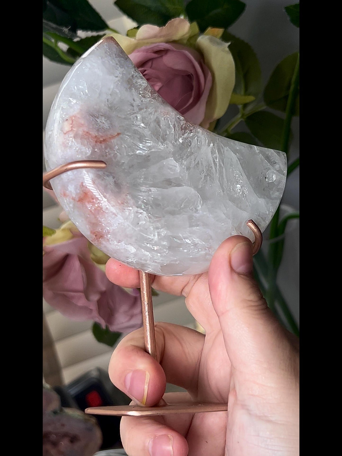 High grade, pink amethyst moon with covered in mostly rainbow quartz 420g