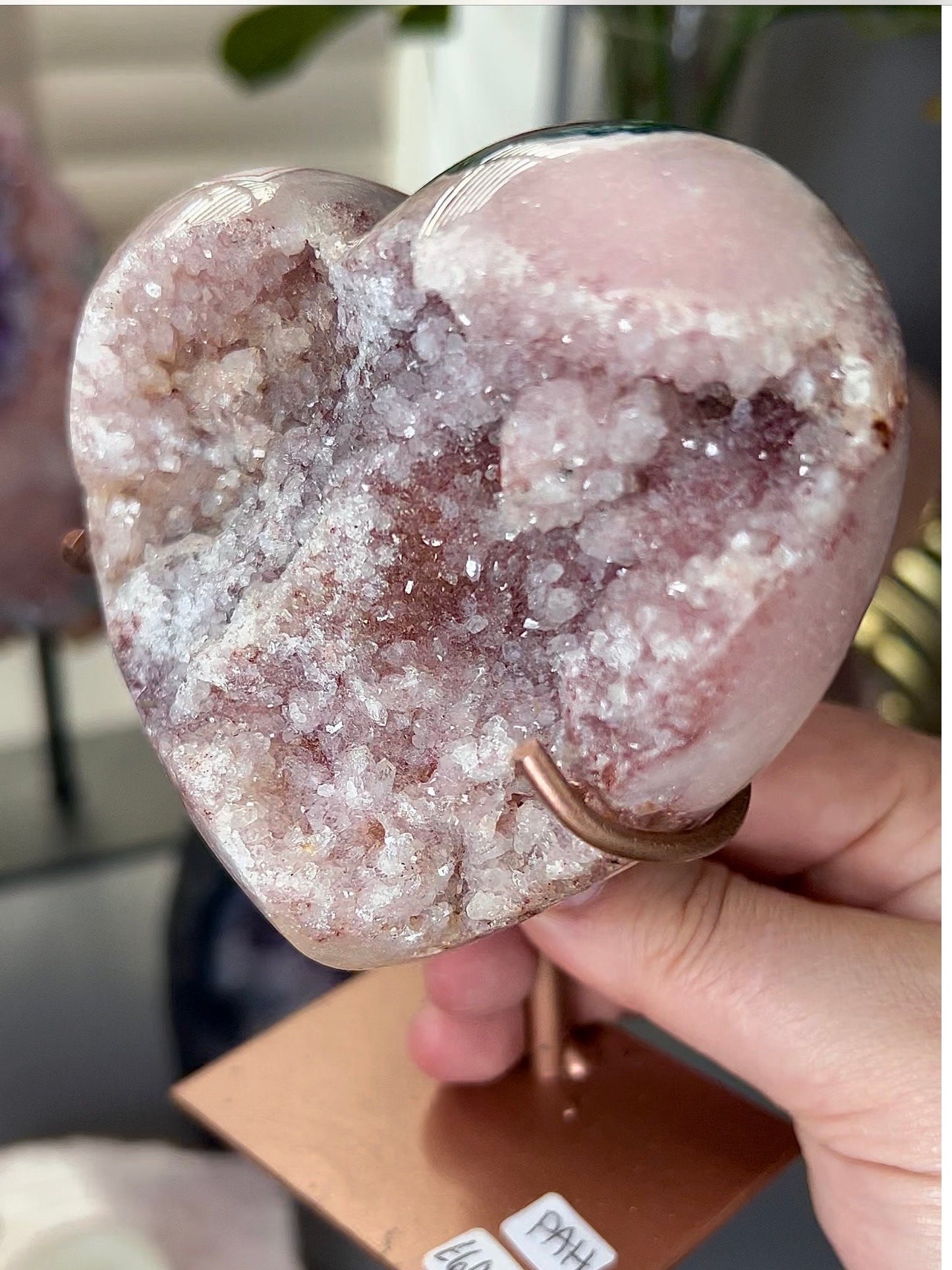 pink amethyst with red druzy and green jasper on a custom stand