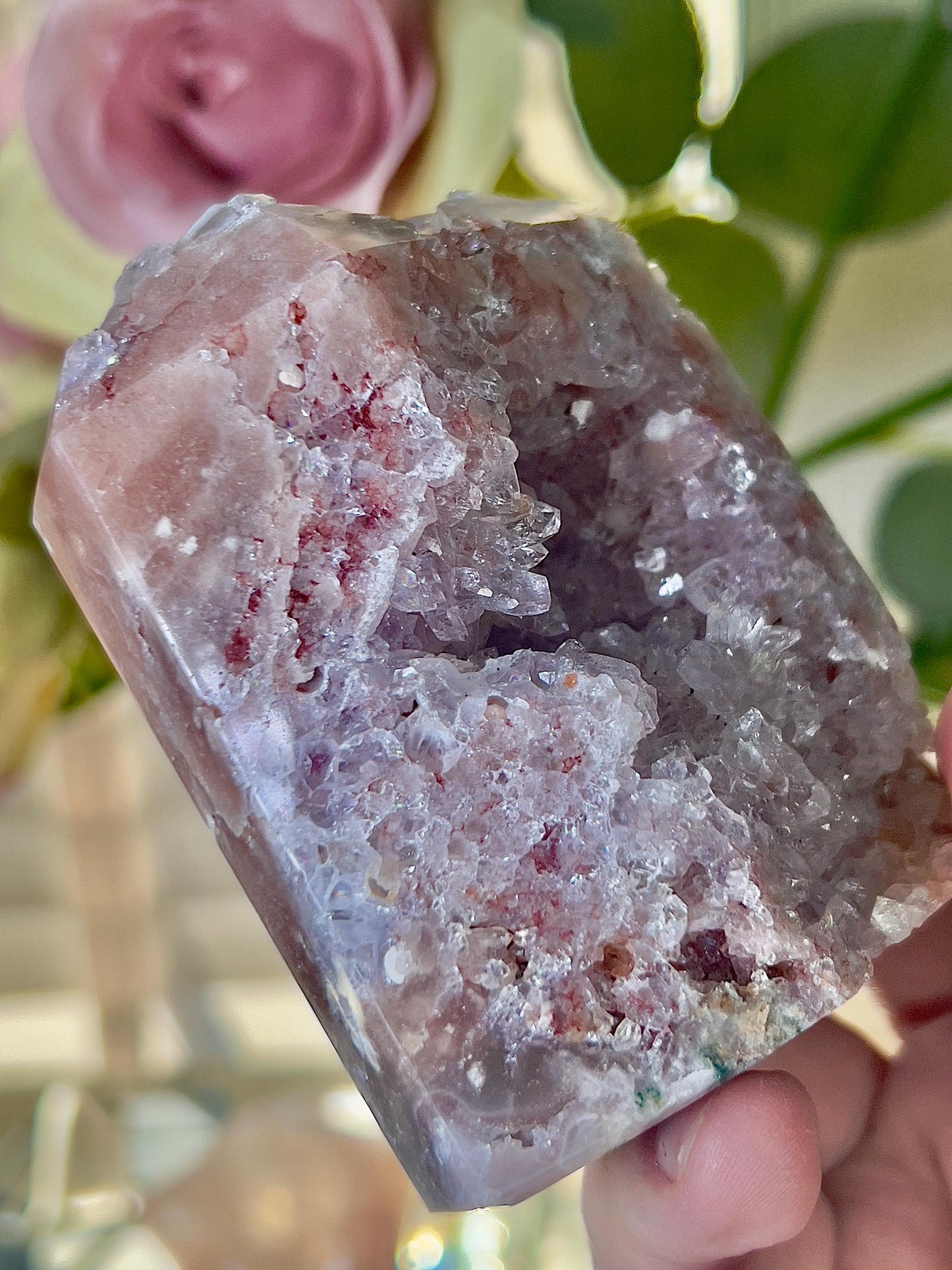 High grade, pink amethyst tower with high grade quartz druzy 370g