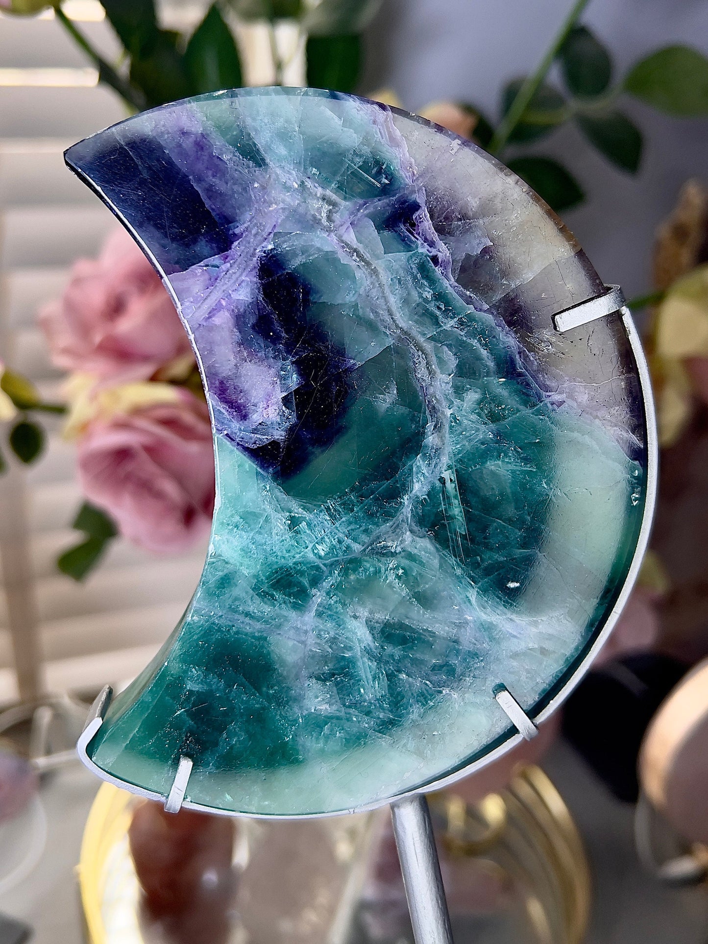 High grade, fluorite moon on silver custom stand