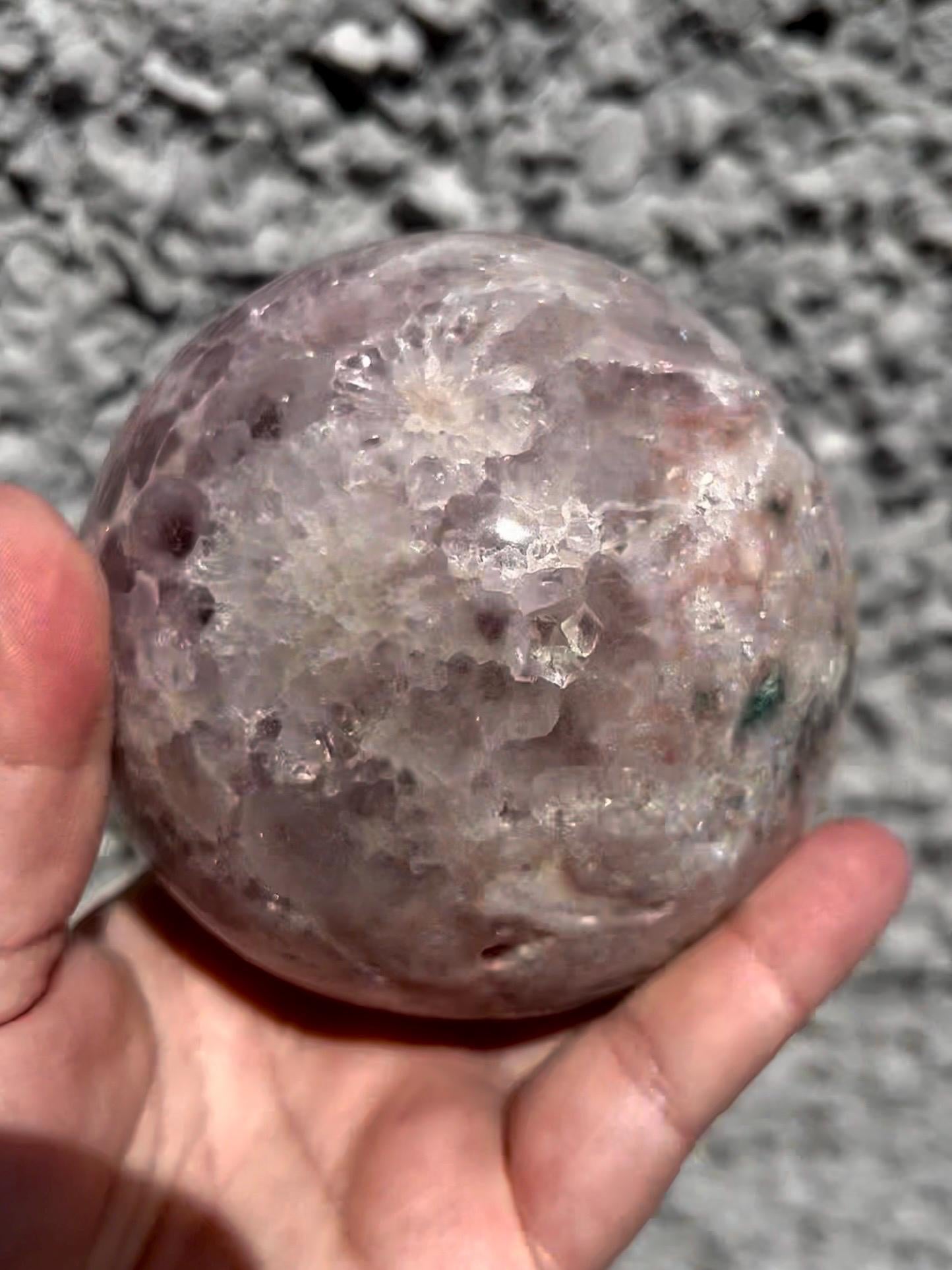 large, statement pink amethyst sphere with purple quartz ,jasper & sugar druzy with amazing quartz points