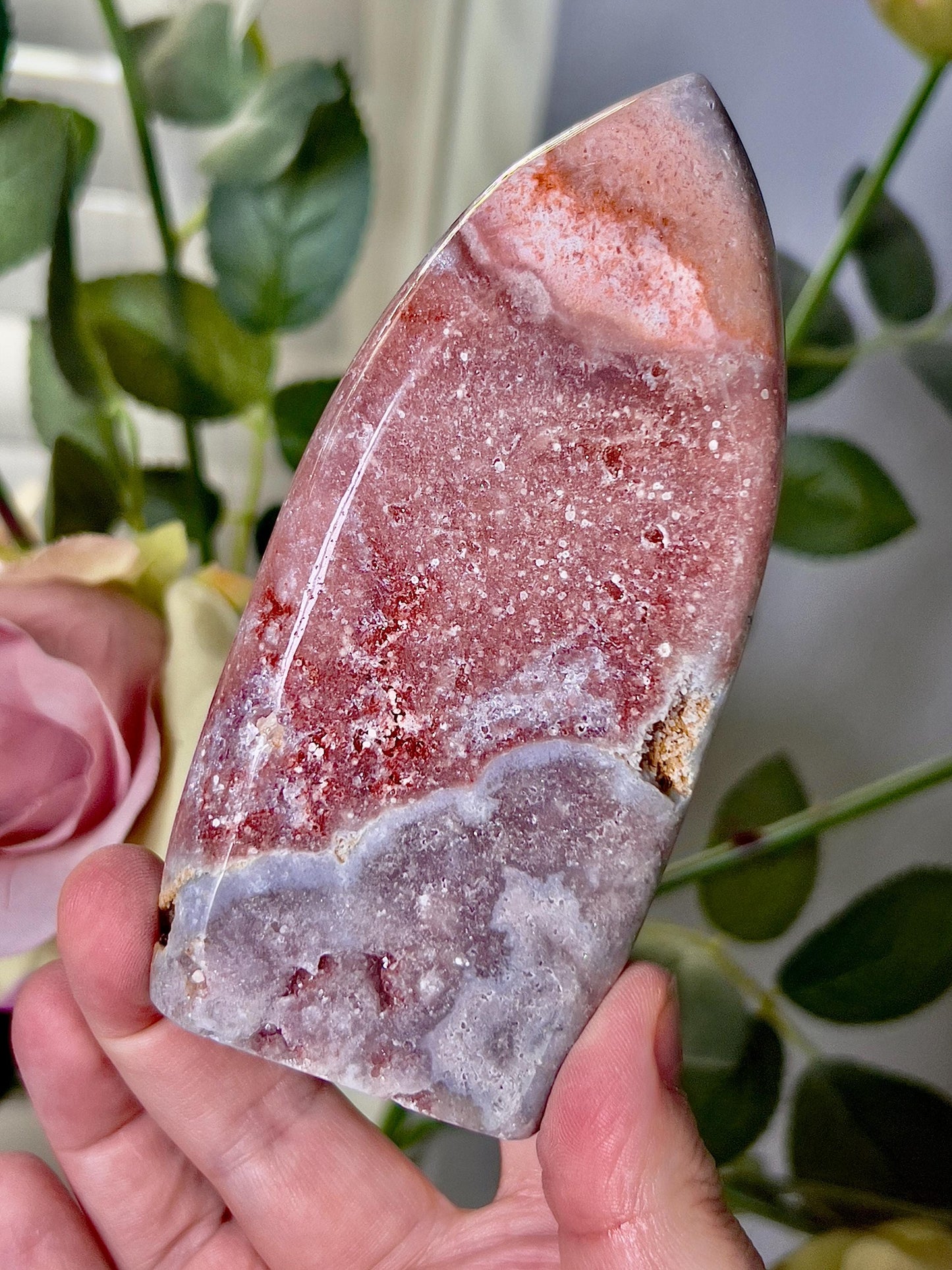 High grade, pink amethyst flame with a red & blue tone and purple quartz druzy