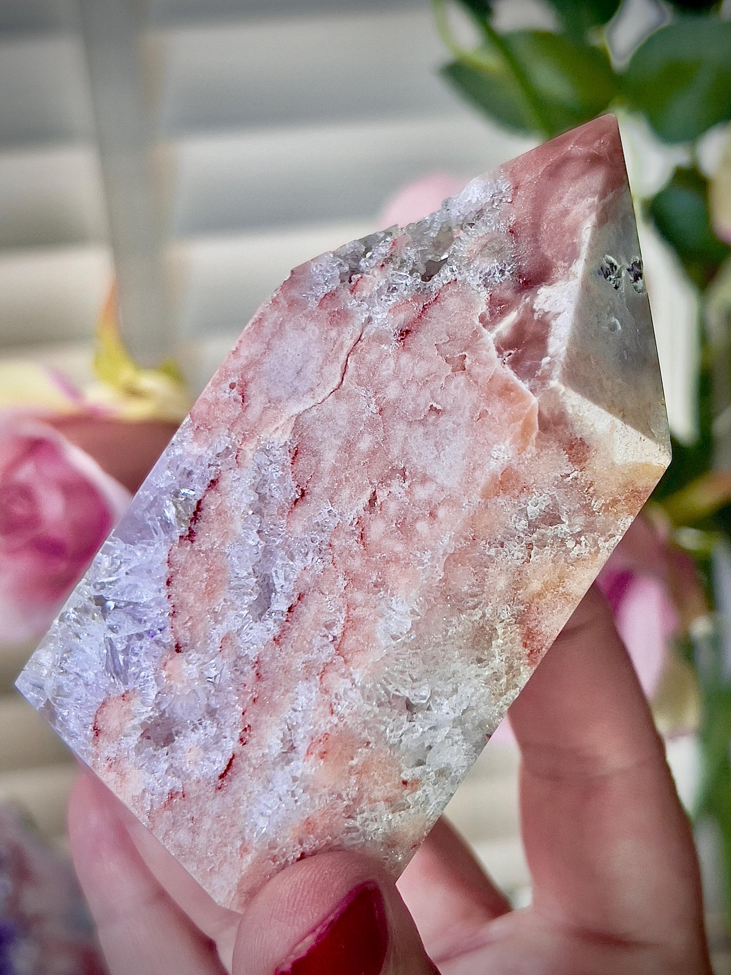 High quality, druzy, peach toned, pink amethyst tower with quartz 360g 10cm(h) 5.5cm(w)