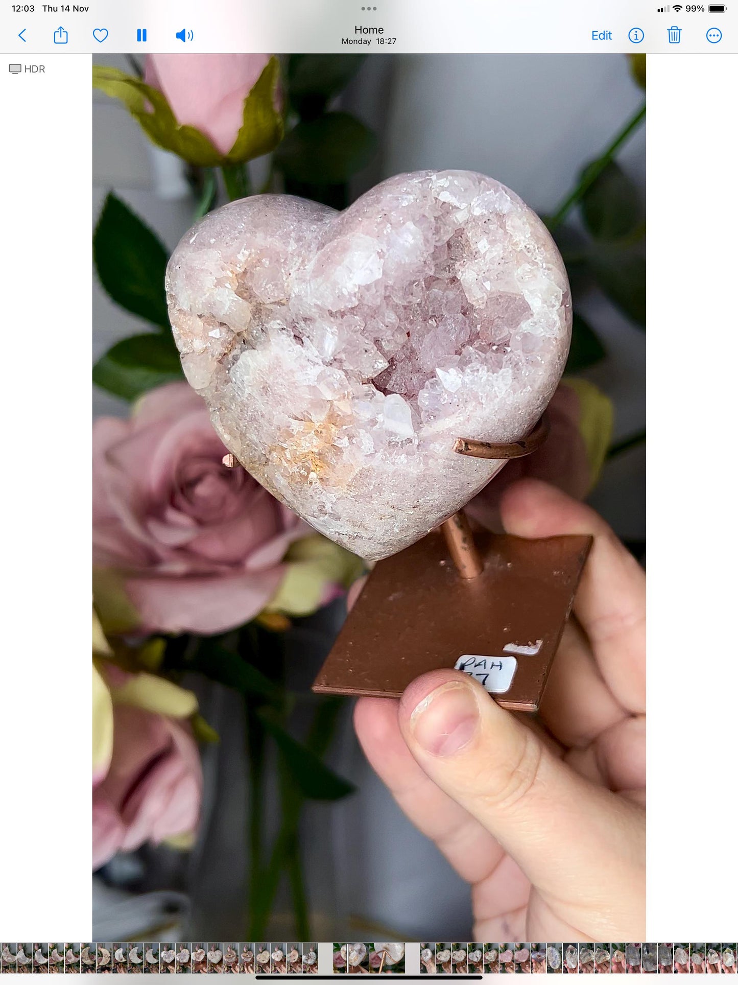 pink amethyst heart with quartz druzy comes with stand that is scratched (discount added)