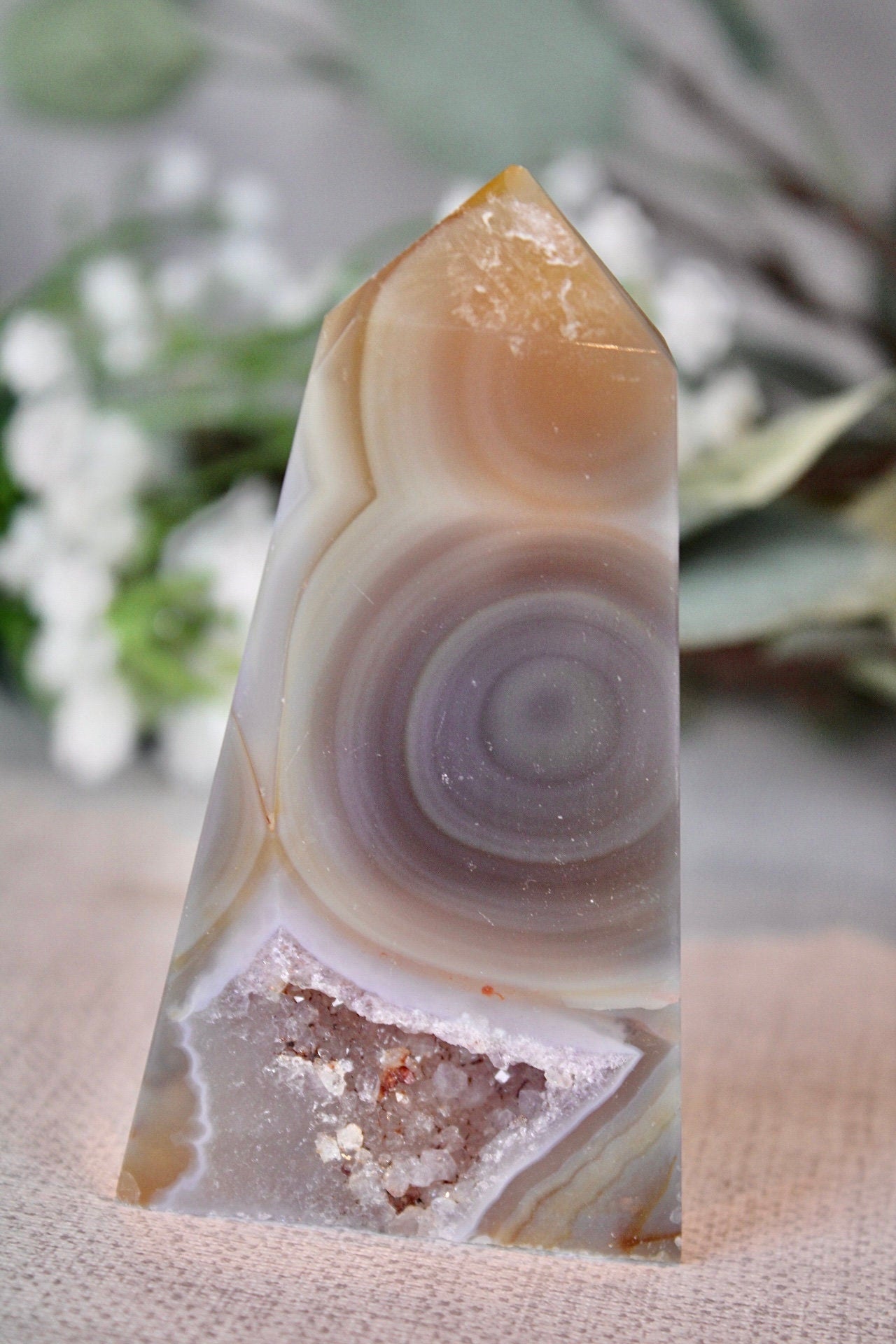 Natural agate tower slice with amethyst druzy