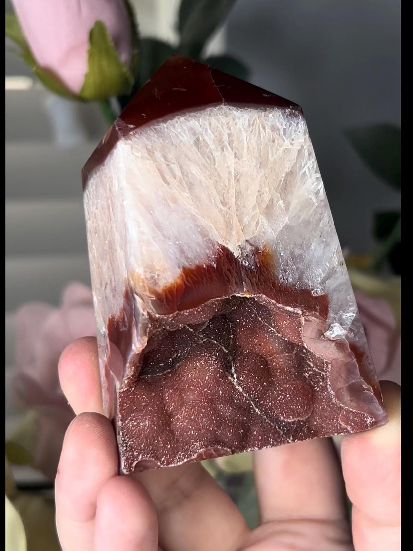 Extra quality, chinky red agate, carnelian tower with quartz & sugar druzy - stands perfectly