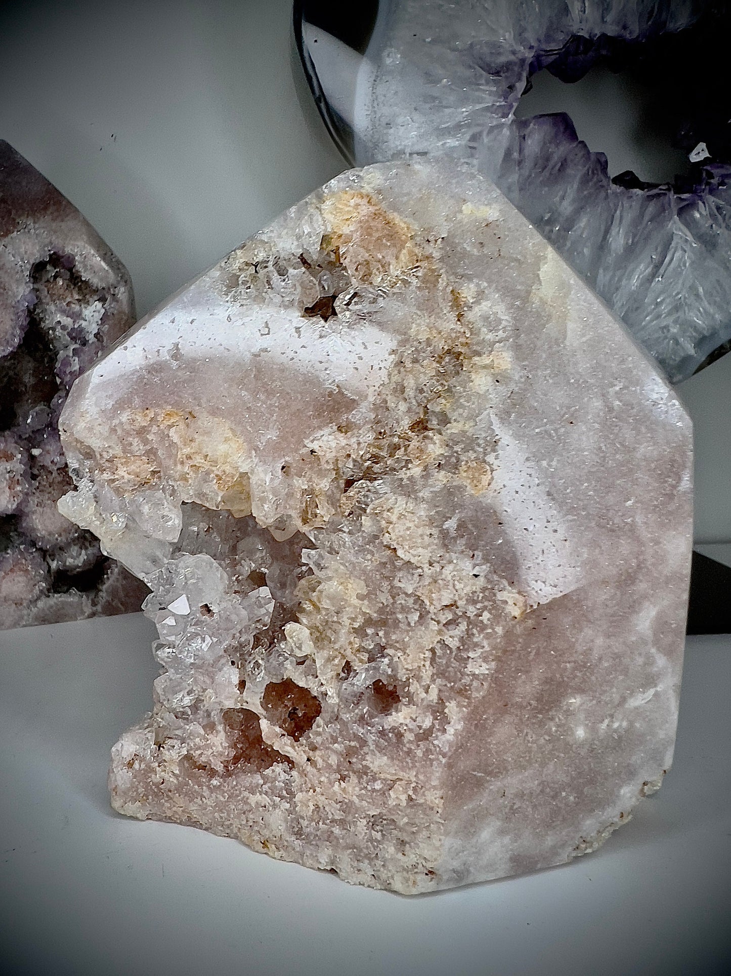 Pink amethyst point/tower from Brazil  with lots of druzy quartz 505g 11cm (h) 9.5 (w)