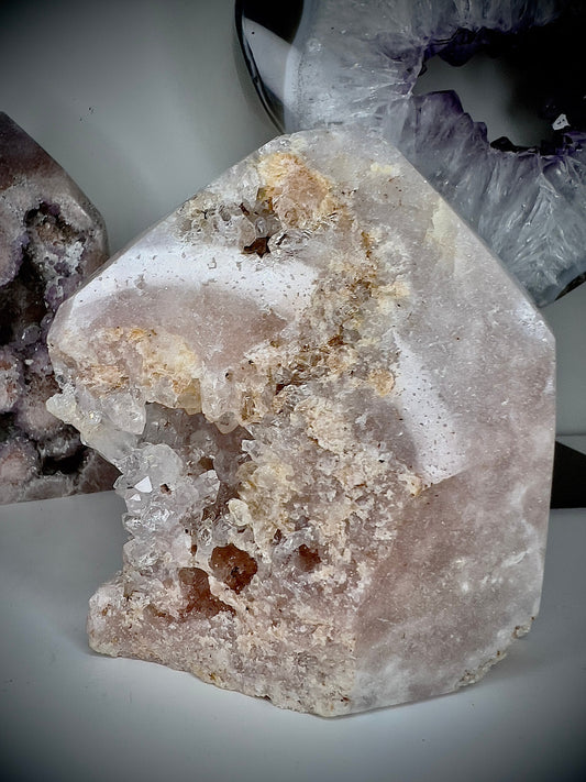 Pink amethyst point/tower from Brazil  with lots of druzy quartz 505g 11cm (h) 9.5 (w)