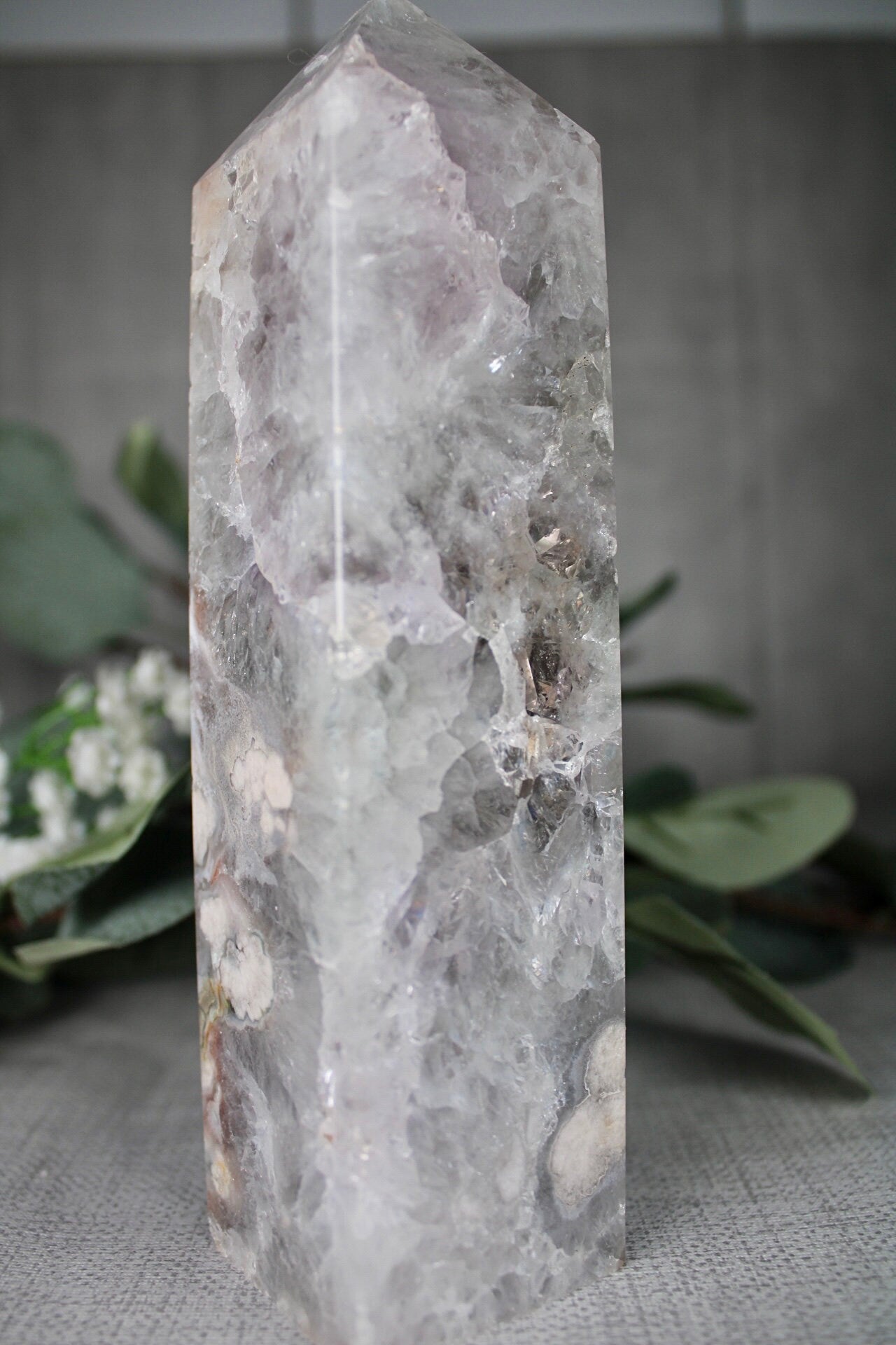 Green chlorite x flower agate tower 635g 16.5cm (H) 4.5cm (W)