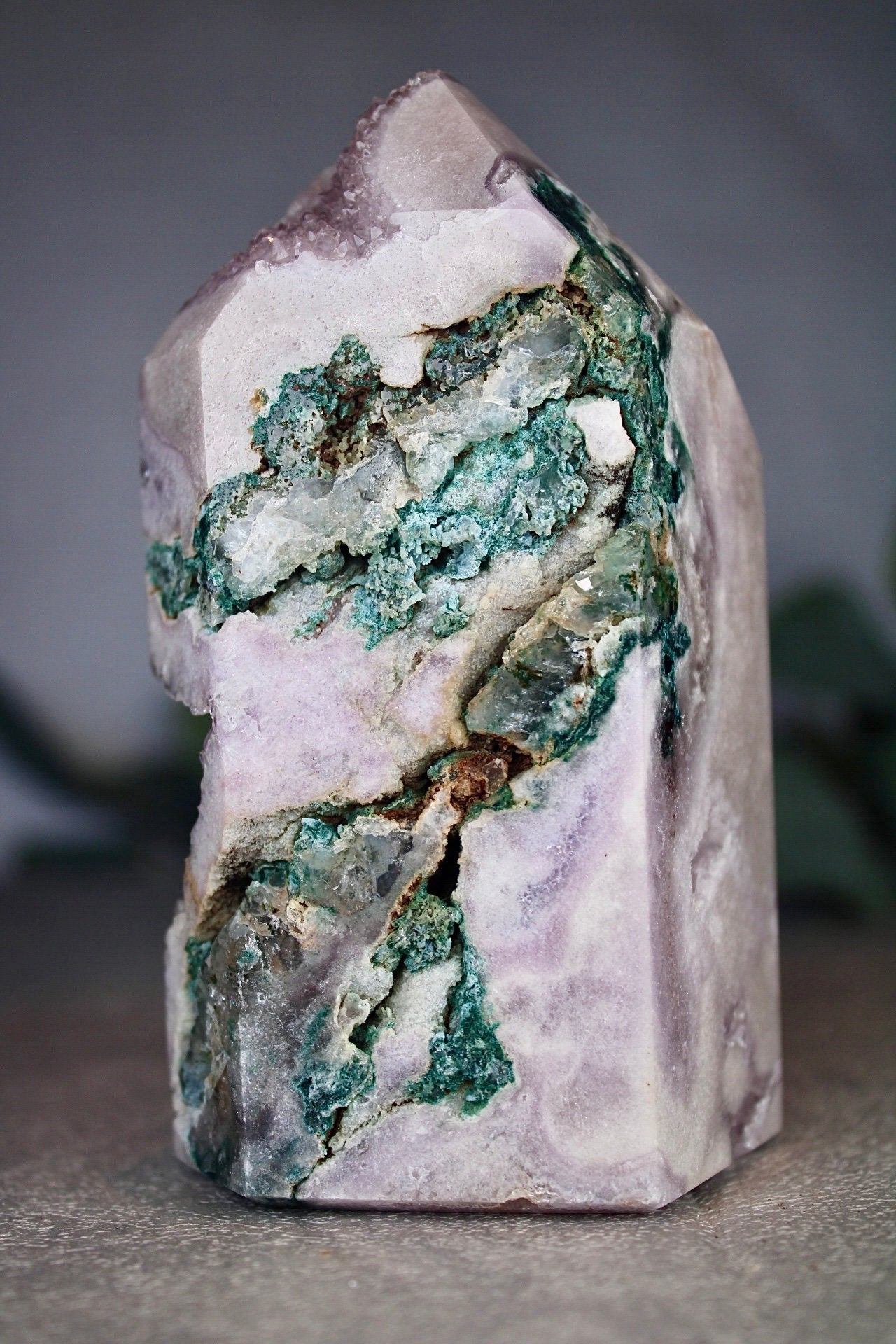 Light purple, pink amethyst tower full of druzy and green jasper 615g 11.5cm(H) 6.5cm(w)
