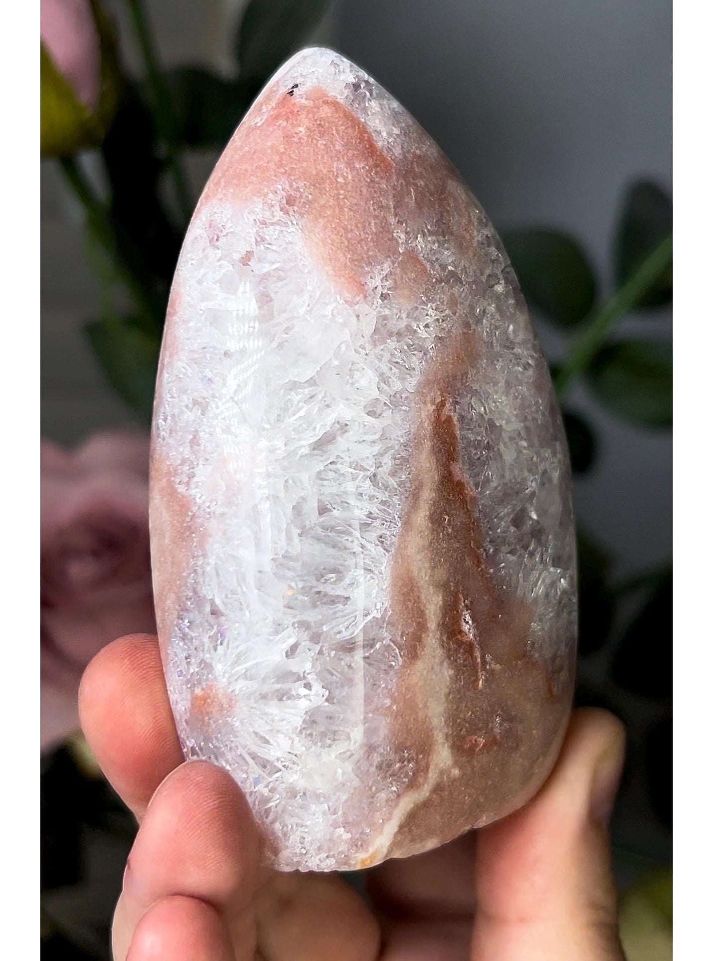 High grade, pink amethyst flame with rainbow quartz