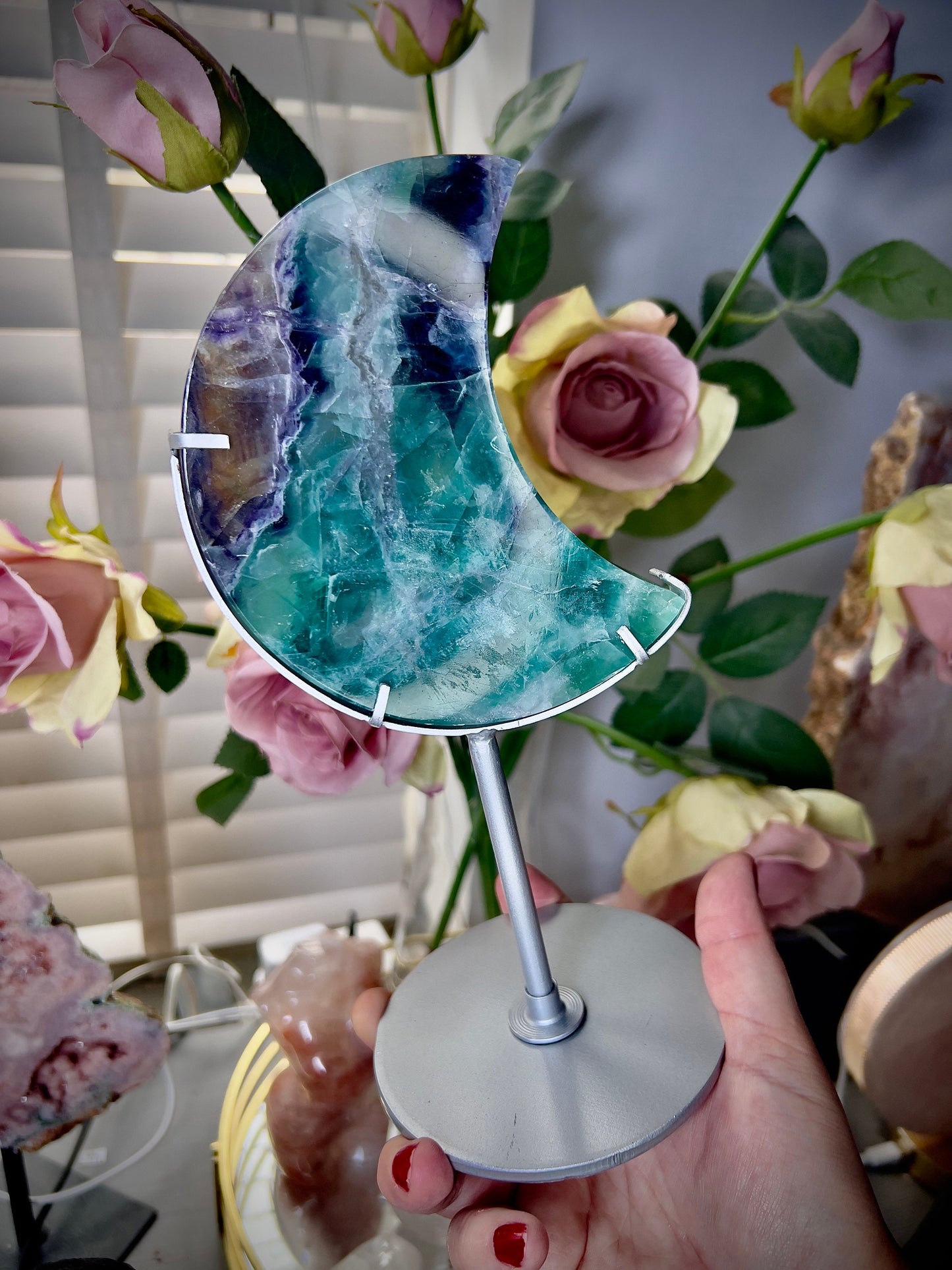 High grade, fluorite moon on silver custom stand