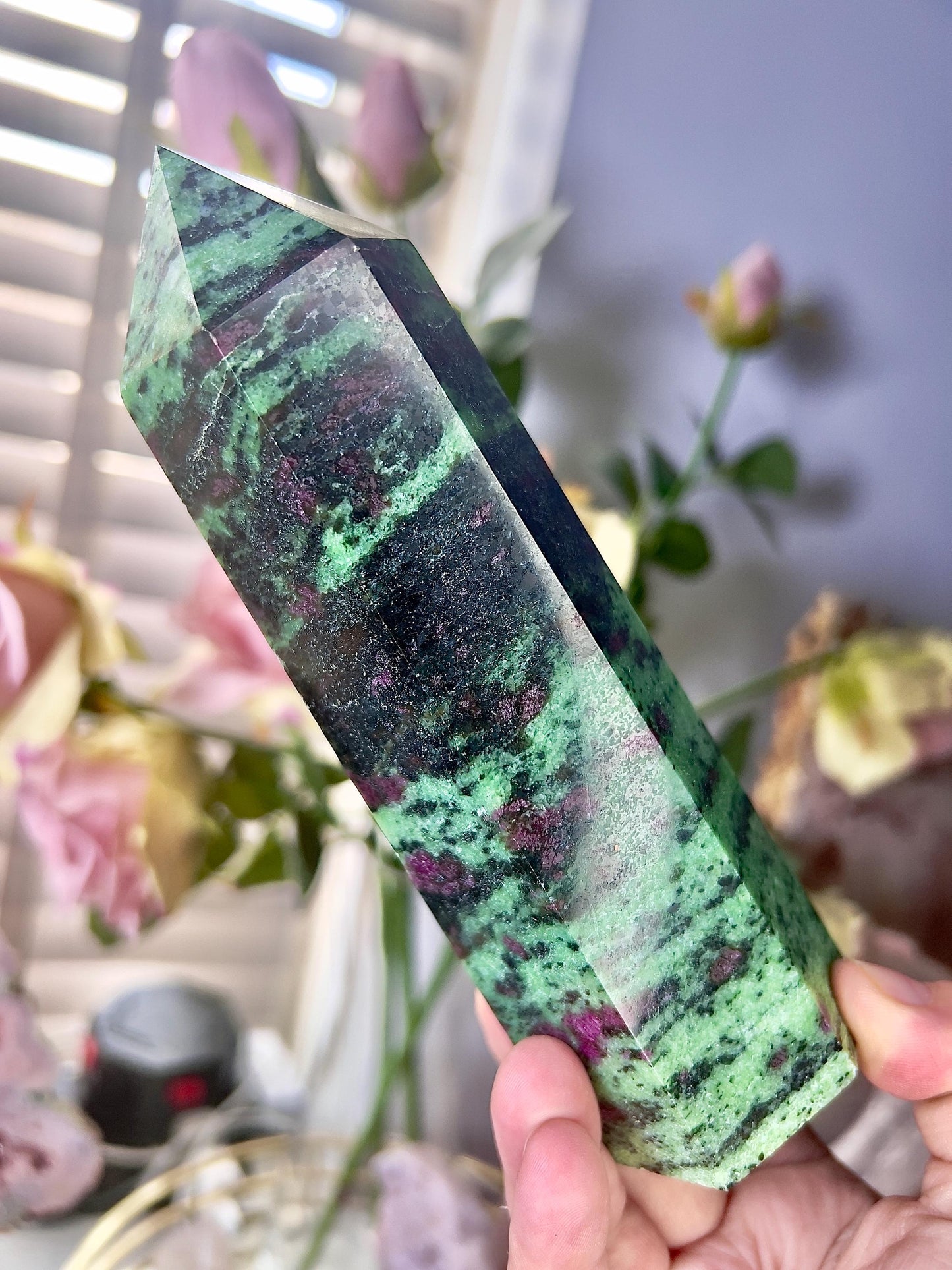 Large, high grade, ruby in zoisite tower 735g