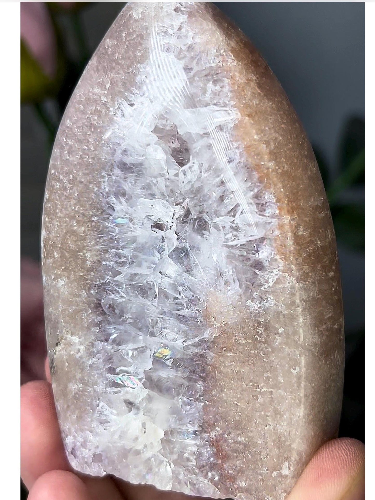 High grade, pink amethyst flame with rainbow quartz