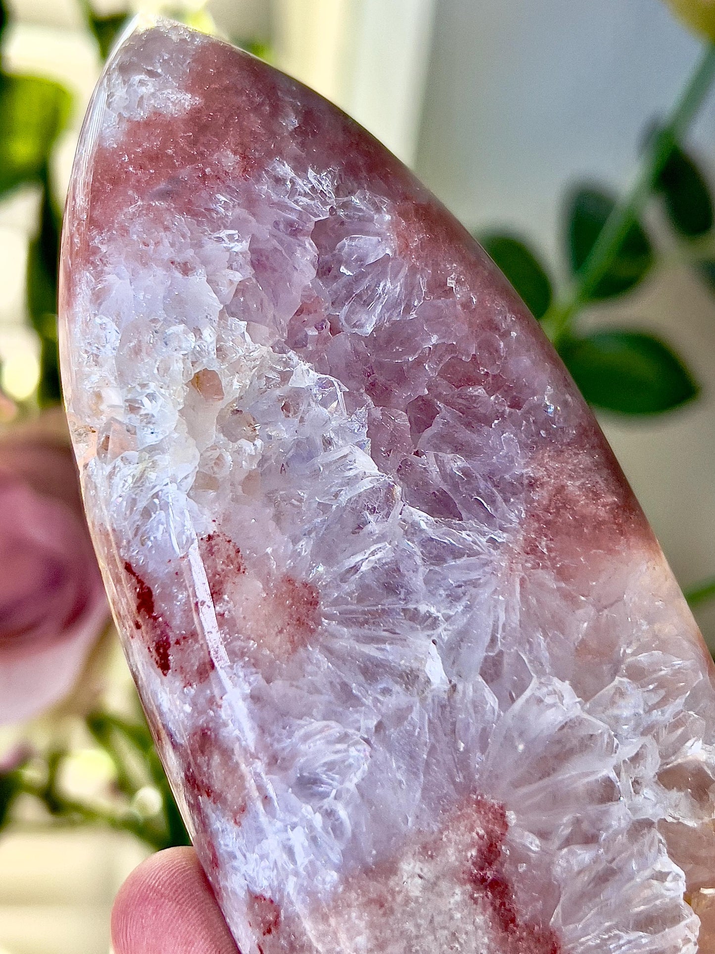 High grade, pink amethyst flame with a red tone and quartz druzy