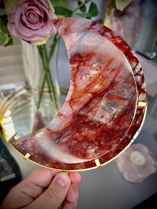 large, high grade, red fire quartz moon on stand