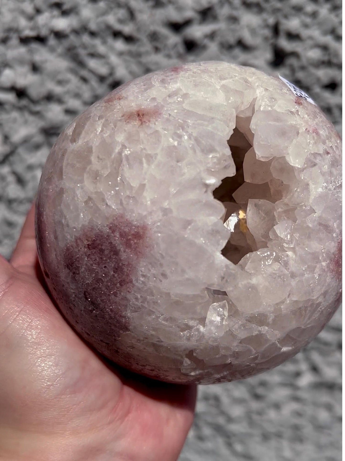 large, statement, pink amethyst sphere, with big, chunky, quartz teeth, cave 1.342kg